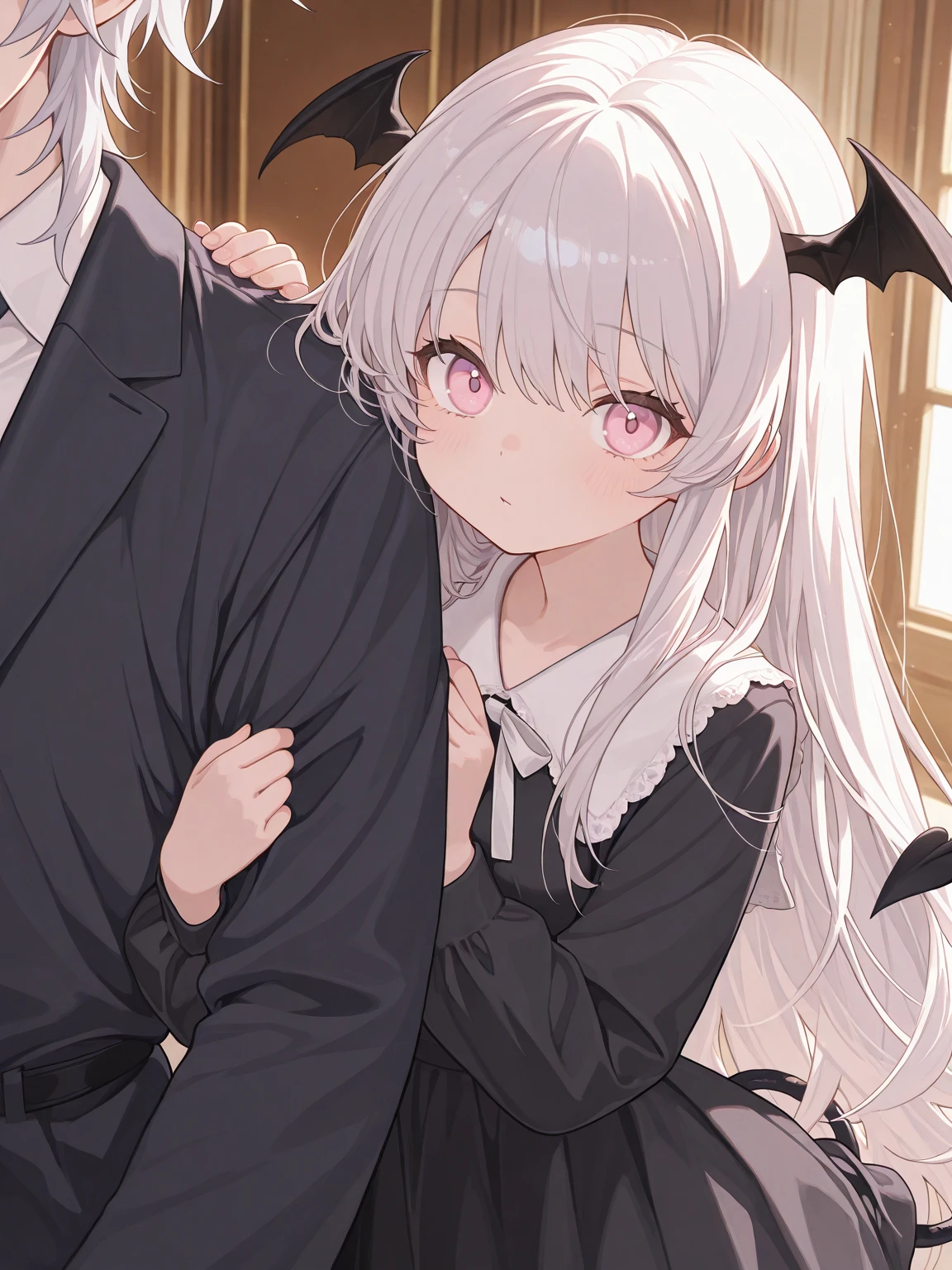 shadowhug, large breasts, medium thighs, shorts, shirt, blush, white dress, white background, 1girl, short sleeves, white hair, shoes, hug from behind, long hair, standing, ahoge, closed mouth, simple background<lora:shadowhug-000009:1>