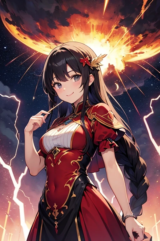 Yellow eyes, red Chinese dress, brown hair, floating, space, from above, big breasts, cleavage