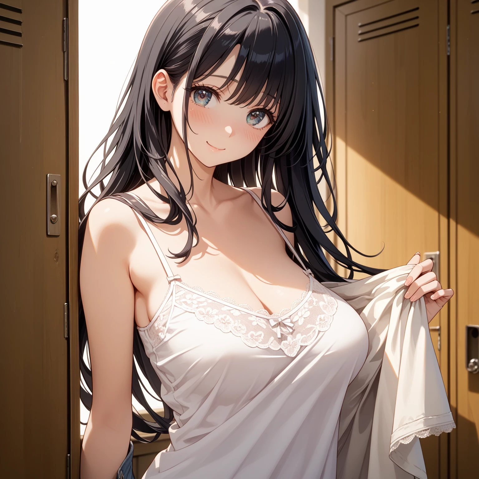 (Upper Body),alone,Medium Shot,masterpiece,Portraiture, 8k,Realistic, Elegant mature woman, Brown eyes, (Black Hair:1.4), smile,Big Breasts,Transparent camisole, Beautiful breasts,See-through nipples, 4K resolution, High quality CG, Beautiful CG, Soft Light