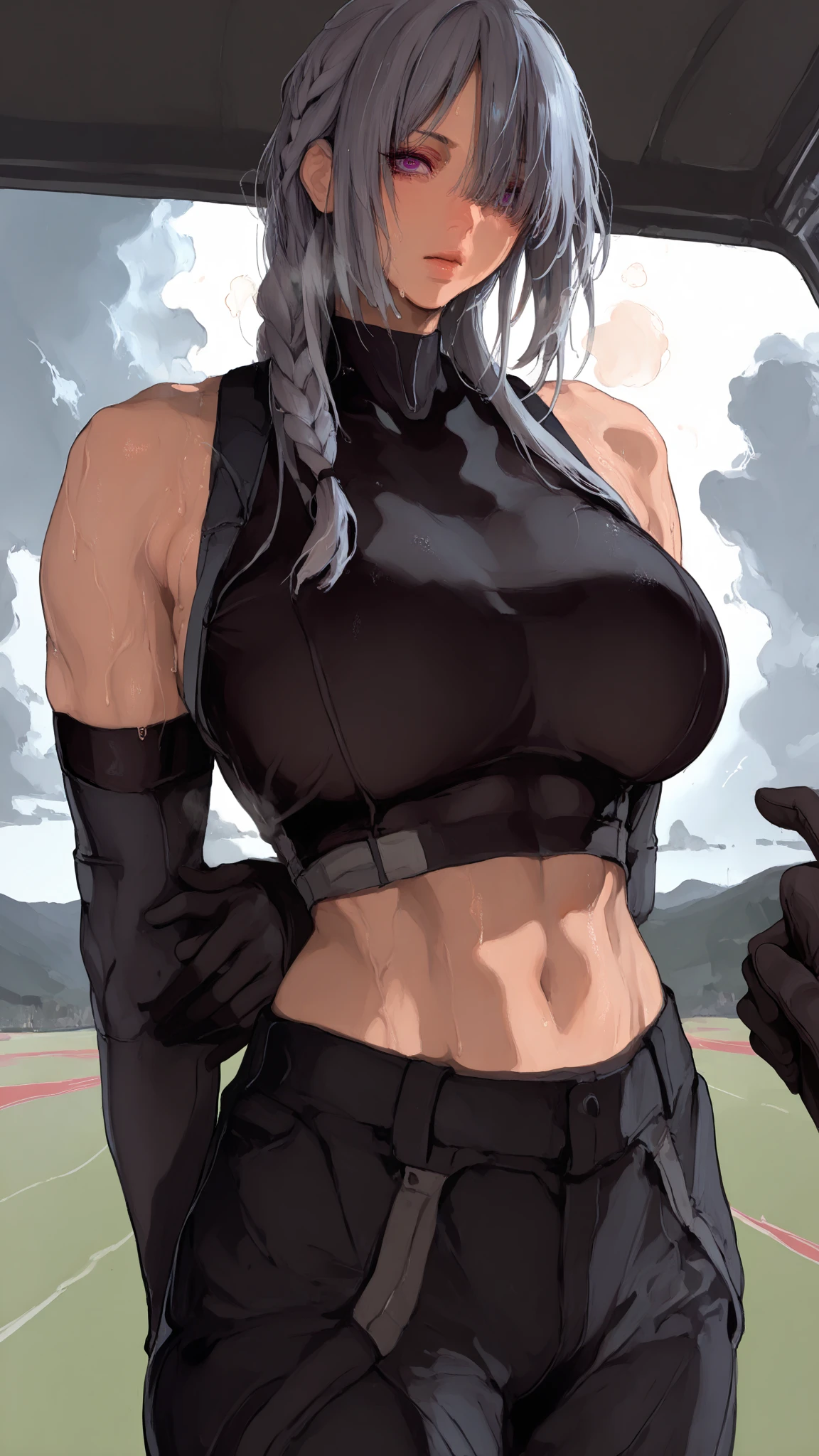(((1 Black Woman, 1 muscular black man,pirate,))) ,Athlete body shape, piratecap,(black skin), ((transparent clothes)),((sweat)) white gloves, gray hair, long hair,green eyes, droopy eyes,ache, sedentary, I see my chest,,,fat body, vaginal exposure, ((pirate선 위)), Clear outlines, short sleeve, best quality, masterpiece, (((섅ㅡ)))