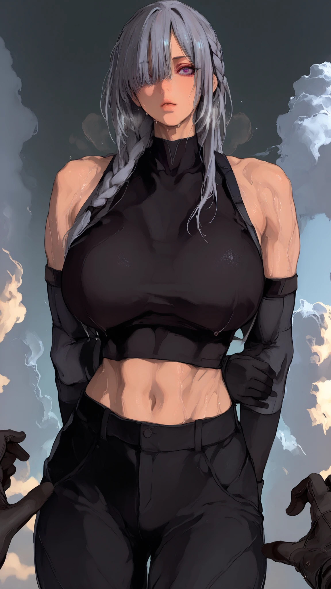 empty eyes muscular girl black hair yellow eyes pale skin large breasts