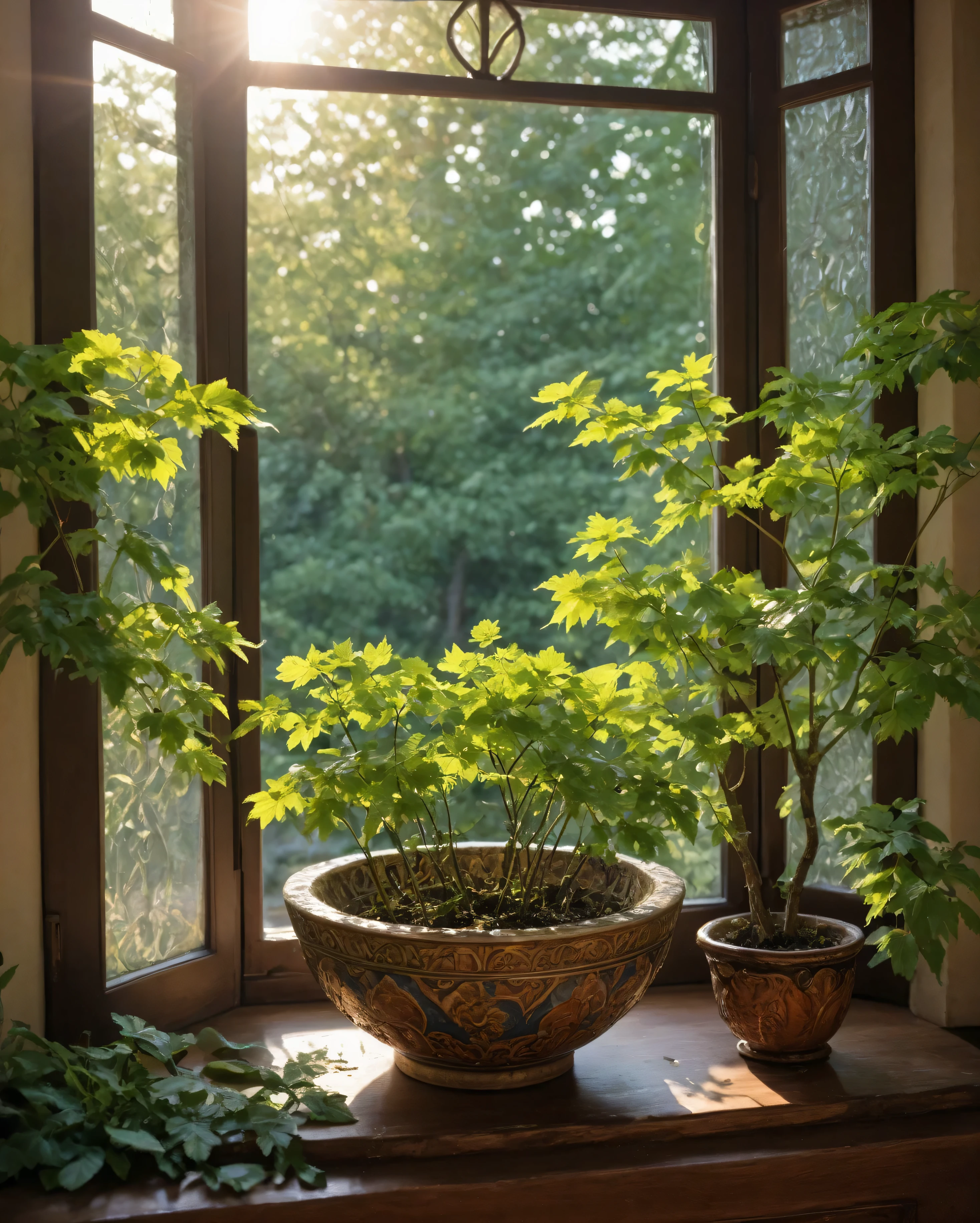 Realistic ,extremely detailed, craftsmanship, RAW Photo, super clear, ancient bansai in a ceramic bowl on a white windowsill, its tiny leaves echo the mighty crown of a centuries-old maple outside the window, the warm rays of the sunset create long shadows, a game of scale