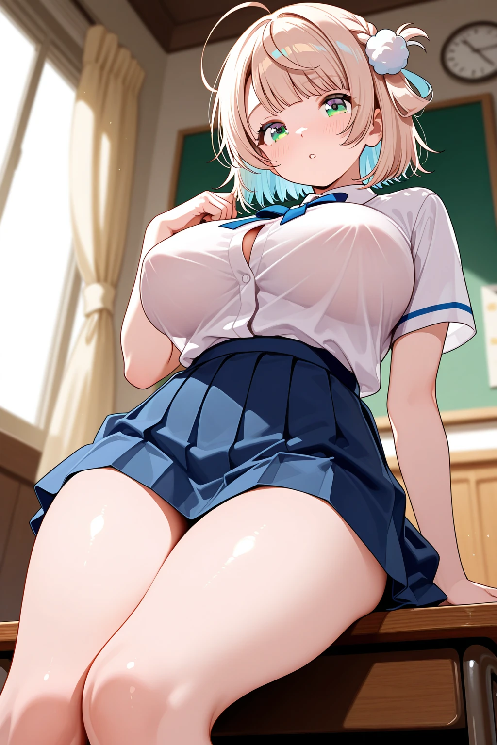 (masterpiece:1.5)、very detailed face and eyes、(Photorealsitic:1.2)、(FULL BODYSHOT:0.8)、ultra-quality、ultra-detailliert、Perfect drawing、animesque、charming anime girls,、beautiful alluring anime woman、Smooth Anime CG Art、独奏、1girl in、Naked Beauty、(jeanne d'arc (Fate Grand Order))、cowboy shot、(From directly below:1.8)、(((legs open to the thighs)))、((opening legs))、Sitting on a chair、((middlebreasts:2.0))、(((fullnude)))、((fullnude))、bare-legged、(No panties、No bra)、embarassed expression、Blue eyes、Moisturized eyes、red blush、Light from the front、Right ahead、clearface、The shape of the pubic area is clearly visible.、((Clearly visible areola,))、((Sweat))、((Wet))、(((Urine leakage from the genital area)))、Clear yellow liquid dripping from the pubic area、((Urine discharge))、(No pubic hair)、slender、(((a blond)))、Sexy face、Open mouth、Layered Hair Style、Medium Breath:1.2、(short-hair)、My hair is disheveled、The angle of movement、Sense of speed、Luminias、(Classroom)、Poses to show off、Accurate drawing、meticulous drawing、Beautiful background、Urban cityscape、Motion blur effect