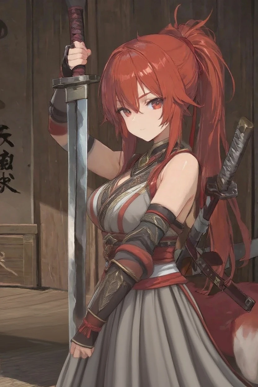 (vesta_harem:1.2), (1girl:1.2), (solo:1.6), large breasts, red eyes, red hair, short hair, (shikidouji:1.2), tall, glaring, :), holding_sword, (holding_weapon:1.4), holding, collar, white_dress, red_trim, cleavage, navel, sleeveless, bare_shoulders, loincloth, red_pants, forearms:spiked_arm, armlet, black_belt, oversized_belt, dual_wielding, highres, absurdres, looking_at_viewer, (dungeon:1.6), hallway, stone, mossy