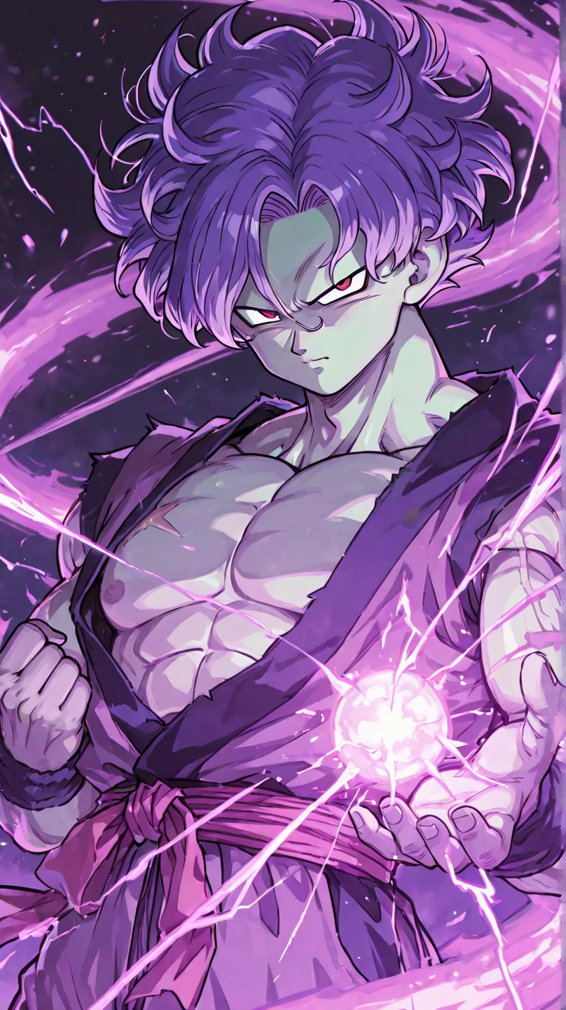 absurdres, highres, ultra detailed, HDR, master piece, best quality, extremely detailed, Trunks, light-purple hair, expressive blue eyes, Dragon Ball Super, solo, sexy man, handsome, manly man, sensual, horny, blue jacket, black T-shirt, fantasy, magic, sparkling, water, blue moon, blue flowers, blue butterflies, blue petals, garden