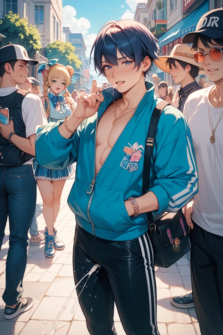 2 guys, dating, shirtless,  outside, parade, happy, smile, rainbow, 