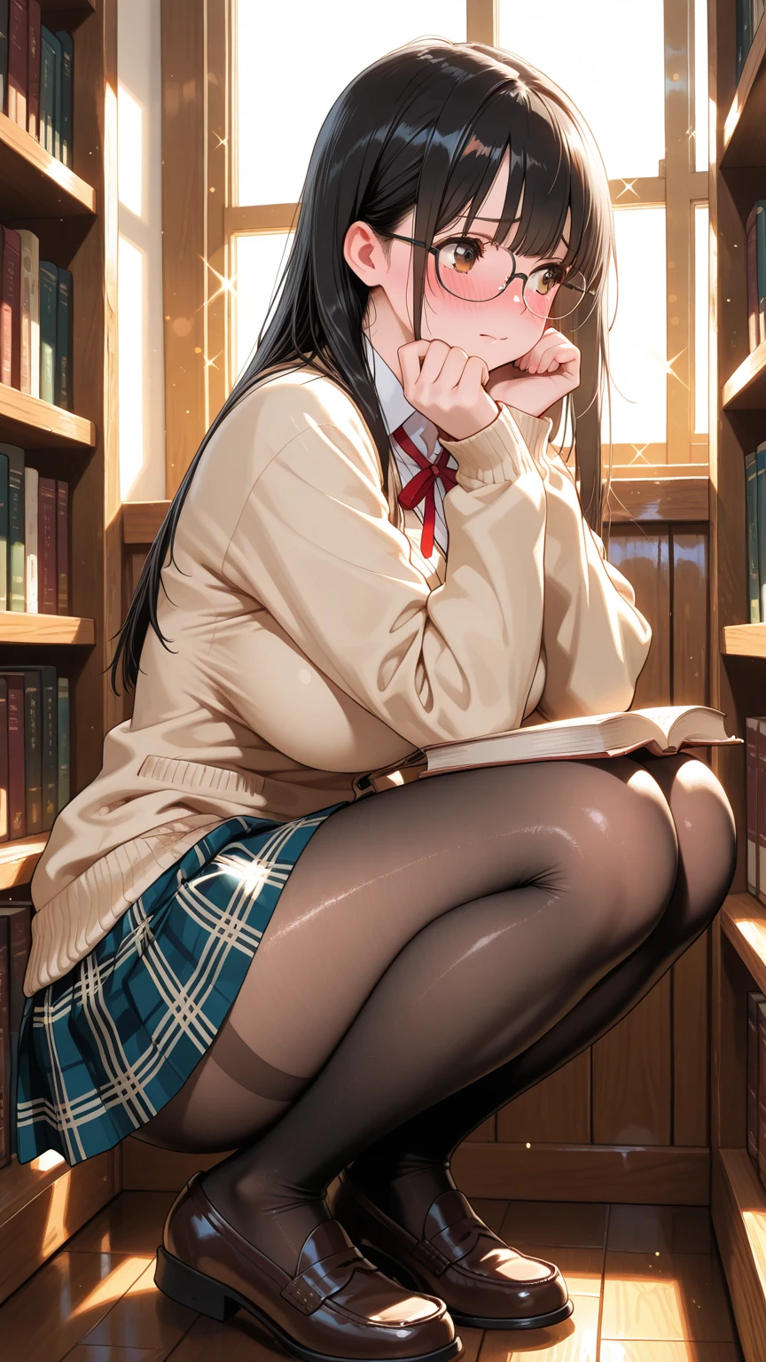 (masterpiece, best quality:1.5), (ultra detailed:1.4), (super fine illustration:1.2), (perfect anatomy:1.5),
1girl,
Suzune Horikita,
Suzune Horikita \(youjitsu\),
long hair, braid,
black hair,
red eyes, slant eyes, small eyes,
blue bow,
(medium breasts:0.9),
(red jacket, pleated white skirt, black thigh-high socks:1.5),
looking at viewer, shoot from front, sitting, reading the book,
perfect light, background of indoor,