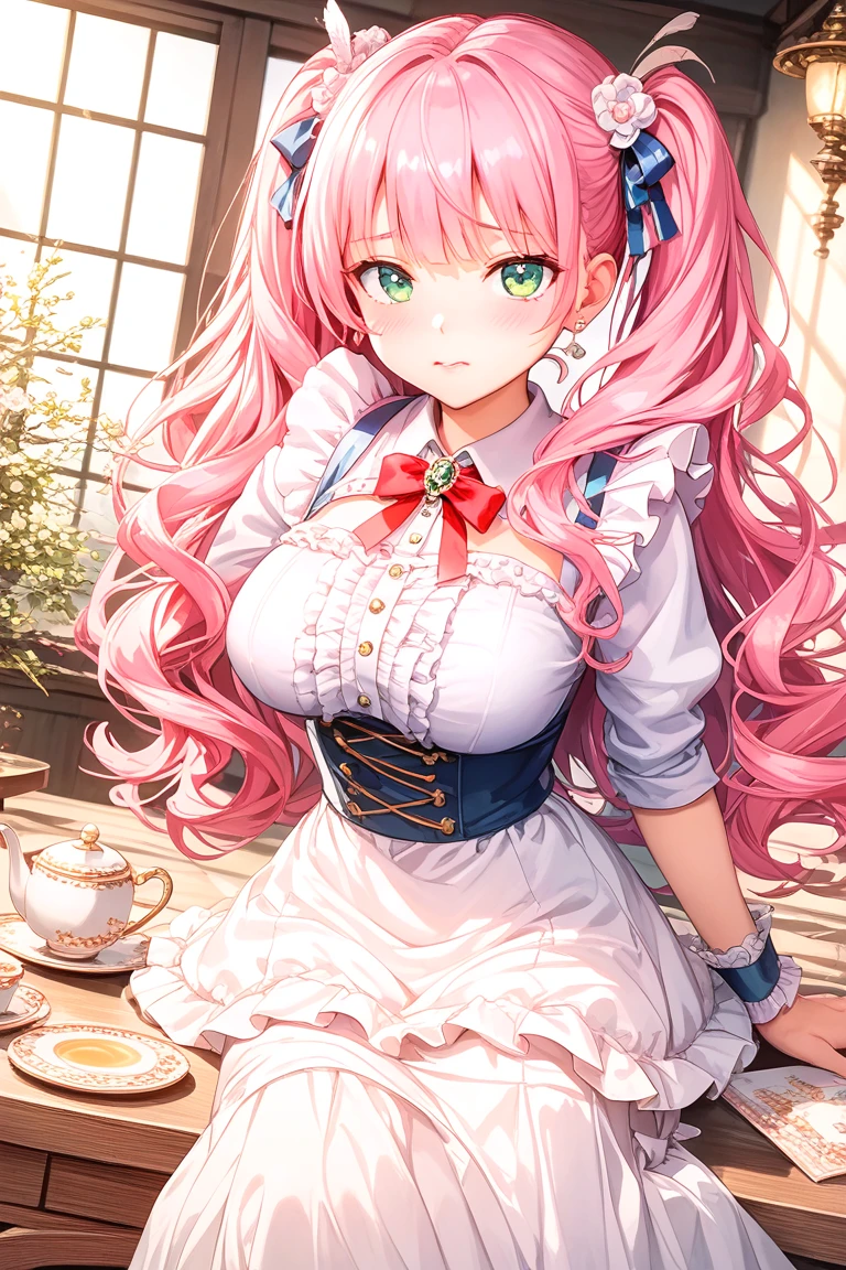 Anime illustrations in the style of "Kyoto Animation", Highest Quality, (Cute: 1.1), (Cute), (High resolution: 1.2), Incredibly ridiculous: 1.3, incredibly fine illustrations, Break 1 Beautiful Girl、独奏,Small horns、Short hair、Big eyes、oh、Closed mouth、Colorful and bold plaid sleeveless mini dress:1.5,D Couple,Chest cleavage:1.5、(Pink Kawaii Room),(Pink Gothic Room),(Messy room, Marchen,bow ribbon,Small window, (Heterochromia, light blue eyes and light green eyes),Silhouette of the eyes of the stars、 独奏, Standing figure, Happy, :D, Princess Eyes, Big breasts, BREAK ,Braids、Light pink hair、Semi-long hair、Red ribbon at the end of braids、Angle from the side、stick out buttocks、PC and coffee on the desk、Looking at the iPhone、Office、I'm worried、Cute panties、String panties:1.5