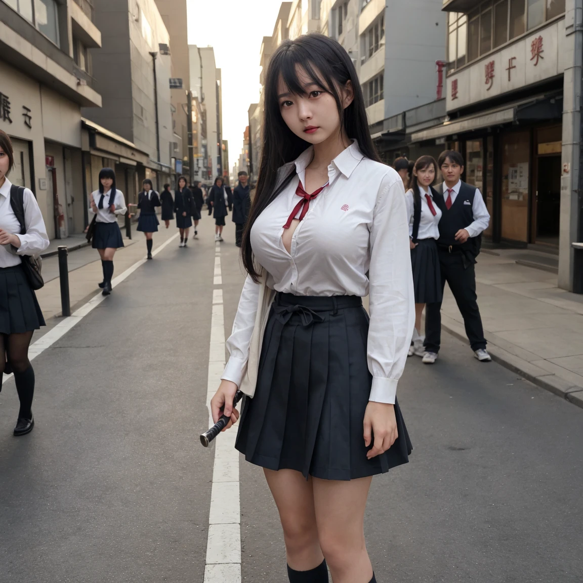 High school girl in see-through uniform、Being in a bustling city、They enjoy、It's all thin、a miniskirt、A shirt that shows through the lines of the body、Idol face