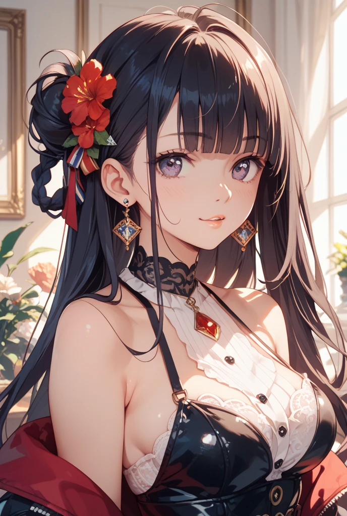 Fashion trendy beautiful charming woman, gentle and charming Chinese beautiful woman, delicate and sexy collarbones, Charming goose egg face, 二重まぶた, Clever peach blossom eyes, redish pink lips, small-nose, exposed bare shoulders, Focus on the face, closeup of face, hyper HD, ultra-detailliert, White off-shoulder shirt and light blue slit skirt perfectly echo, fresh and impressive