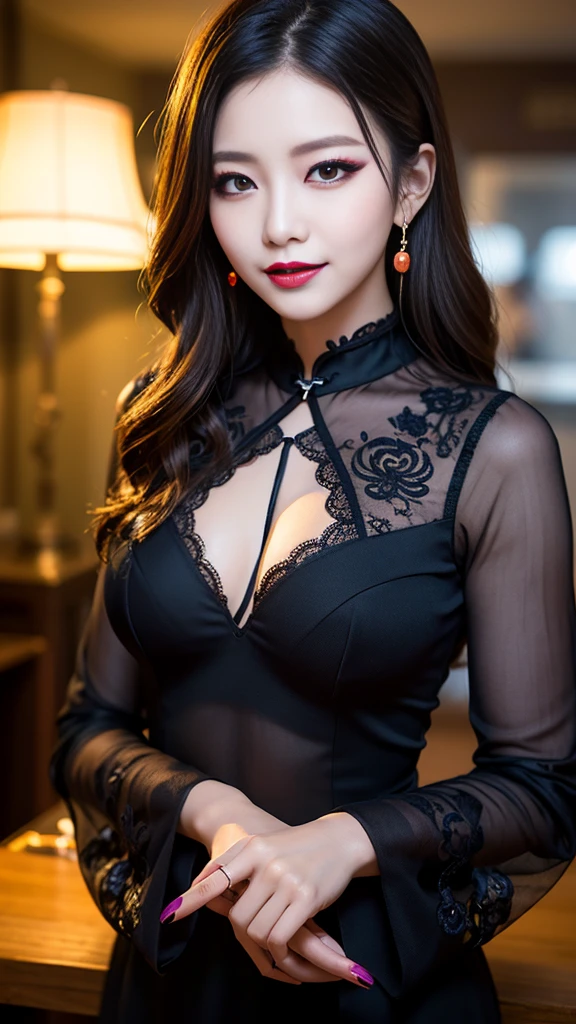 Super detailed、Japanese、charming beauty、seductive adult woman、Beautiful woman、sharp eyes、cool girl、wavy hair、long black cheongsam、wide sleeve、evilの幹部、evil depravity、brainwashing、Mind control、apply lipstick、grin、evilな表情、evil、empty eyes、evil、church at night、vampire、vampire、Hypnosia makeup brush