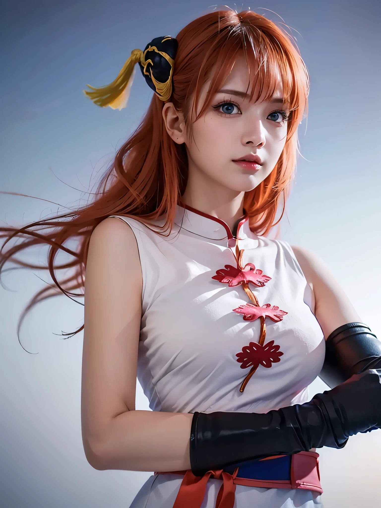 1girl, solo, cute chinese girl, clear makeup, pink eye shadow, 
kgr2, 1girl, white dress, asymmetrical gloves, chinese clothes, side slit, black gloves, china dress, uneven gloves, (right hand gloves, left elbow gloves), thighhighs,
long hair, (light orange hair, diagonal bangs), (, pointy  :1.5),
looking at viewer, active pose, dynamic angle,
(masterpiece, best quality:1.4), (8k, raw photo, photo realistic:1.2), cinematic lighting, soft lighting,
, shiny skin, detailed skin, detailed face, detailed eyes,
((simple white background)),