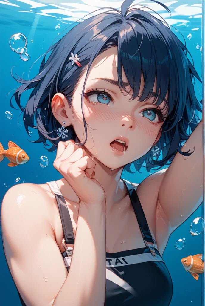 (masterpiece), (portrait), (aesthetic), (beautiful), (upper blody), (high quality), (aesthetic clothings), (professional angle), (rule of thirds), (Feminine), (woman), (female), (beautiful),(feminine features), (21 years), solo, 1 woman, (attractive British), Spring, (Underwater Bubbles), (Afternoon), (Subtle light), ((Exploring)), (Holding Camera Hands), ((Looking Upward Face)), ((Curious)), (Minimal Make-up), (Petite Bust), (Snorkel and Fins), ((Short Hair)), (Dark Blue Hair), (Straight Hair), (High Pony hair), (- in Hair), (Narrowed Eyes), (Green Eyes), (Playful Look), Fair skin, (- Clothing), (Bikini), (-), (), (V-neck Neckline), ((Tropical Fish Surroundings background)), (Medium Shot Shot), beautiful hands, two hands, normal hands, two arms, complete hands, beautiful body, beautiful fingers, normal fingers, five fingers, five fingers, beautiful ears, normal ears, beautiful eyes, shiny eyes, beautiful mouth, beautiful lips,
