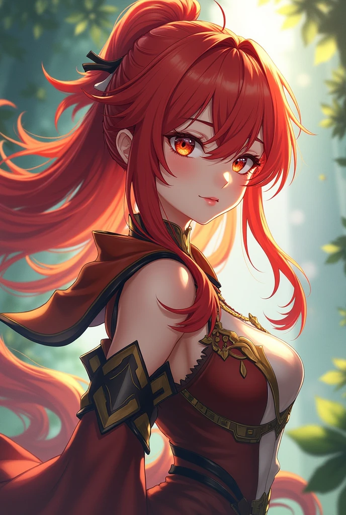 <lora:RedHoodX_V1:0.8> masterpiece, best quality, 1girl, redhoodx, very long hair, mechanical horns, smile, closed mouth, red dress, fantasy landscape, leaves, soft particles, sunset