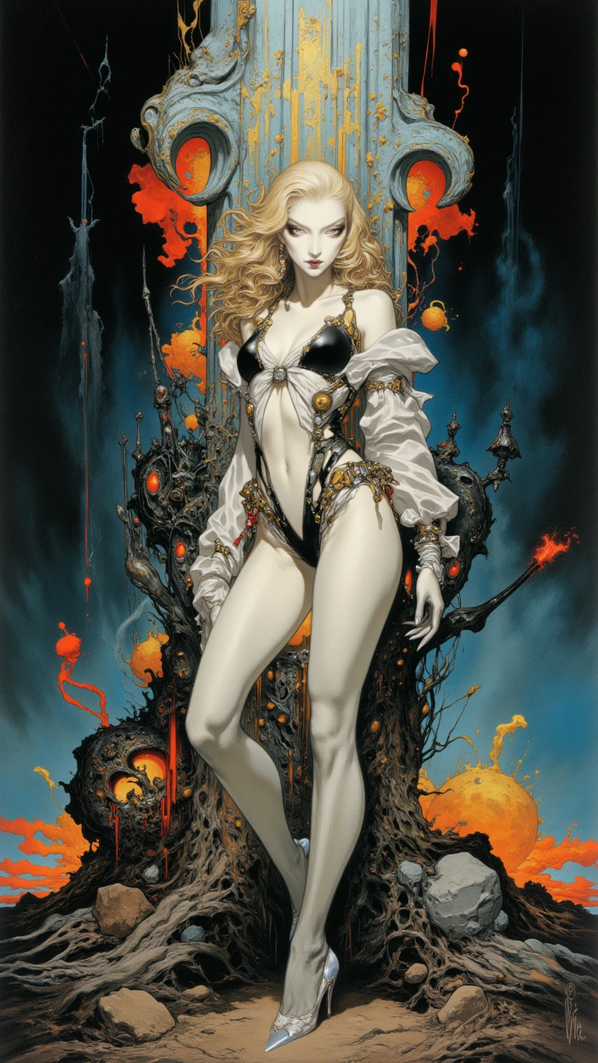 (best qualityer, work of art), (tarot, tarot card,:1.1) in full body photo, platinum blonde woman solo as the powerful Lady Death, ((doradas card frames)), ((esoteric symbols)), sigils, black backdrop, doradas, esoteric and glorious, epic background, Vibe Epic, in the artstyle of Mucha and in the style of tarot card