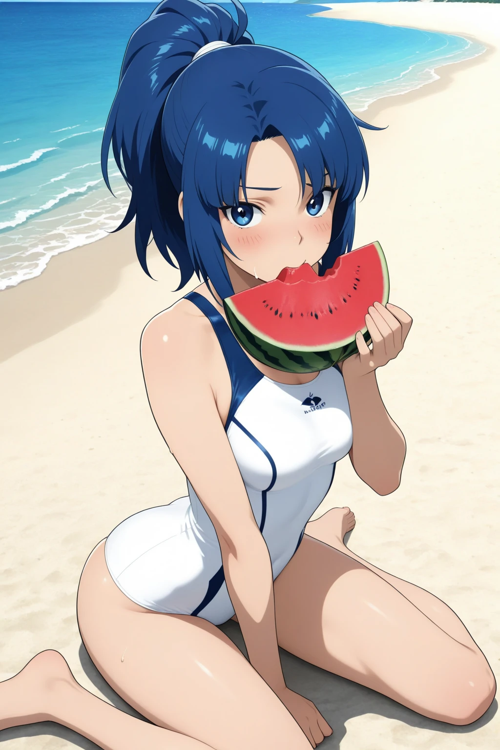 masterpiece, best quality;1.3), ultra detailed, ooking at viewer, rem_re_zero, Facial close-up,blue hair, short hair, hair ornament, cleavage, detached sleeves, masterpiece, top quality, best quality, 1 little girl, swimsuit party, in the water,fish,watermelon,cute style, perfect structure, summer theme,(White yarn bikini:1.2),Hand held ice cream,