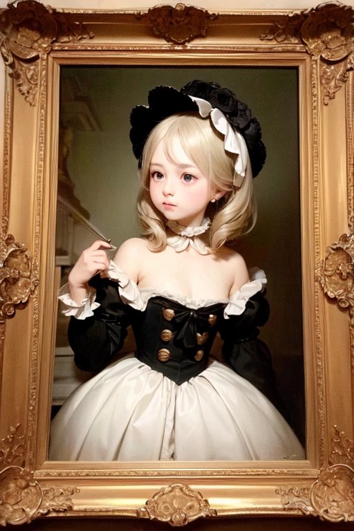 A blonde-haired with long hair and a black dress, Ghostly eyes and curly hair, Gothic hall々and tattered black, Dollpunk, Long blonde hair, Victorian Goth, Gothic Girl, Black Rococo, Inspired by Louis Grel, Doll-like , Victorian Gothic