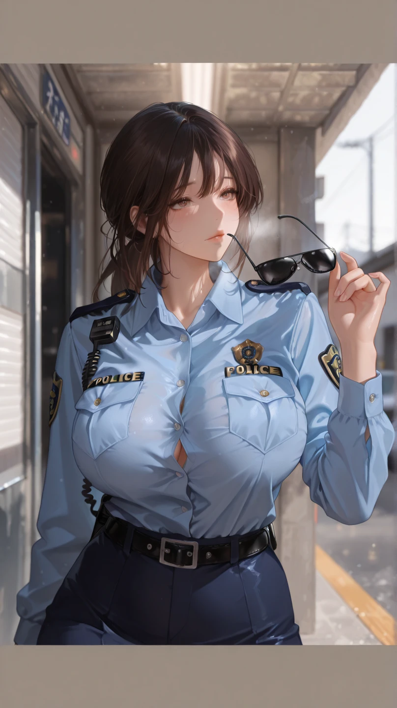 ((best quality, 8k, masterpiece: 1.3)), sharp: 1.2, Perfect body beauty: 1.4, Slim abdominal muscles: 1.2, ((Layered Hairstyle, Large Breasts: 1.2)), (wet White Button Long Shirt: 1.1), (Bulletproof police car, street: 1.2), wet: 1.5, Highly detailed face and skin texture, Delicate eyes, Double eyelids, Look sideways at the camera, White police uniform, tall and big, Army insignia, bulletproof vest, Intercom, Female soldier aiming pistol at camera, Armed at all points, Black leather pants, Special Forces,