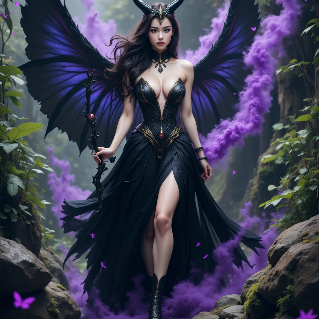 A fairy with curly pink hair, pale skin tone, blue eyes, In a black dress, dark fantasy character design, Epic exquisite character art, dark fantasy art, with the appearance of Freya Allan, dark fairy full view, amazing character of art. Dragonfly wings,