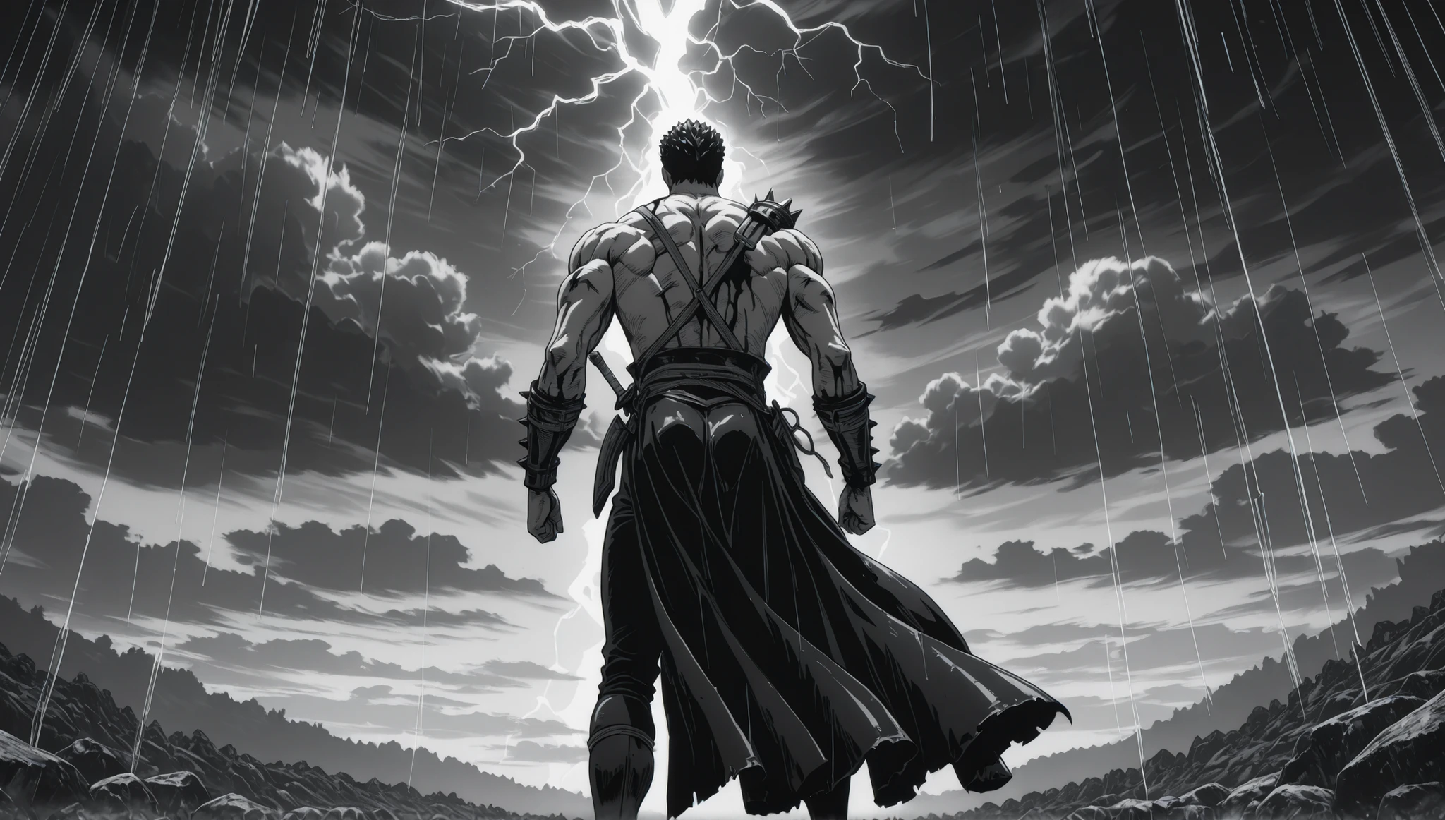 manga,(masterpiece), (ultra-detailed), (very aesthetic), (absurdres), (ultra high resolution), NSFW, frontal angle, Best quality, High quality, Detailed, High resolution, 8k, Ultra high res, highest quality, BLACK AND WHITE image, monochrome, simple drawing, monochrome, a muscular warrior standing defiantly against a raging storm, rain-soaked leather armor, wind-whipped cape, lightning illuminating his determined face, dramatic clouds swirling overhead, photorealistic style, cinematic lighting, ultra detailed, deep shadows, epic scale, 1men, berserk warrior, strong sacred warrior, back view, ((bleeding)), strong, (((bodybuilder))), scars on body, devastated battle field, deserted field, after battle, (UltraHD8K), (intricatedetails:1.1), masterpiece, best quality, amazing quality, belth, LowKeyLights, cinematic 8k, UHD, horror, grim , dark,