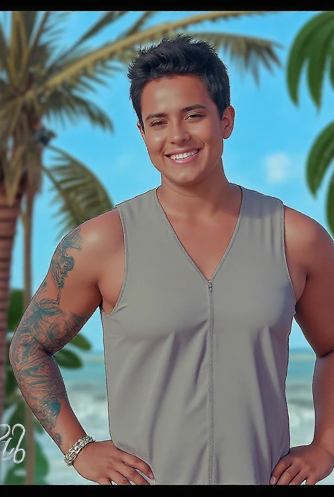 Make a 25 year old man out of 1.70 tall ,with an athletic physique with strong arms and defined chest , entire left arm with Samoan tattoos , long light brown hair with a smile , black pants and red tennis shoes , in the background that he is walking in the rain on the Santa Monica Pier Route 66, very light brown loose hair, White skin , eyes the color of honey , of mexican traits from cdmx , Make it look good that you are in Santa Monica , and the defined rain can be seen well , no shirt , and with a watch on his right arm , very handsome, remember white skin, and on his side a person of 1.93 cm tall with the same description but with short hair , and in the middle of them a woman with good blonde curves and a good butt and small bust, very pretty.