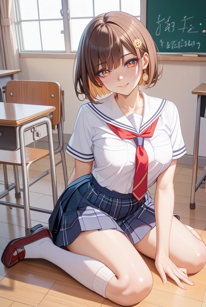 ((highest quality)), ((masterpiece)), (detailed), Perfect face brown hair　Wolf Cut　Cat ear　Embarrassed　blush　Very large breasts　Brown sailor suit　classroom　sitting in a school chair　I can see a little bit of her panties