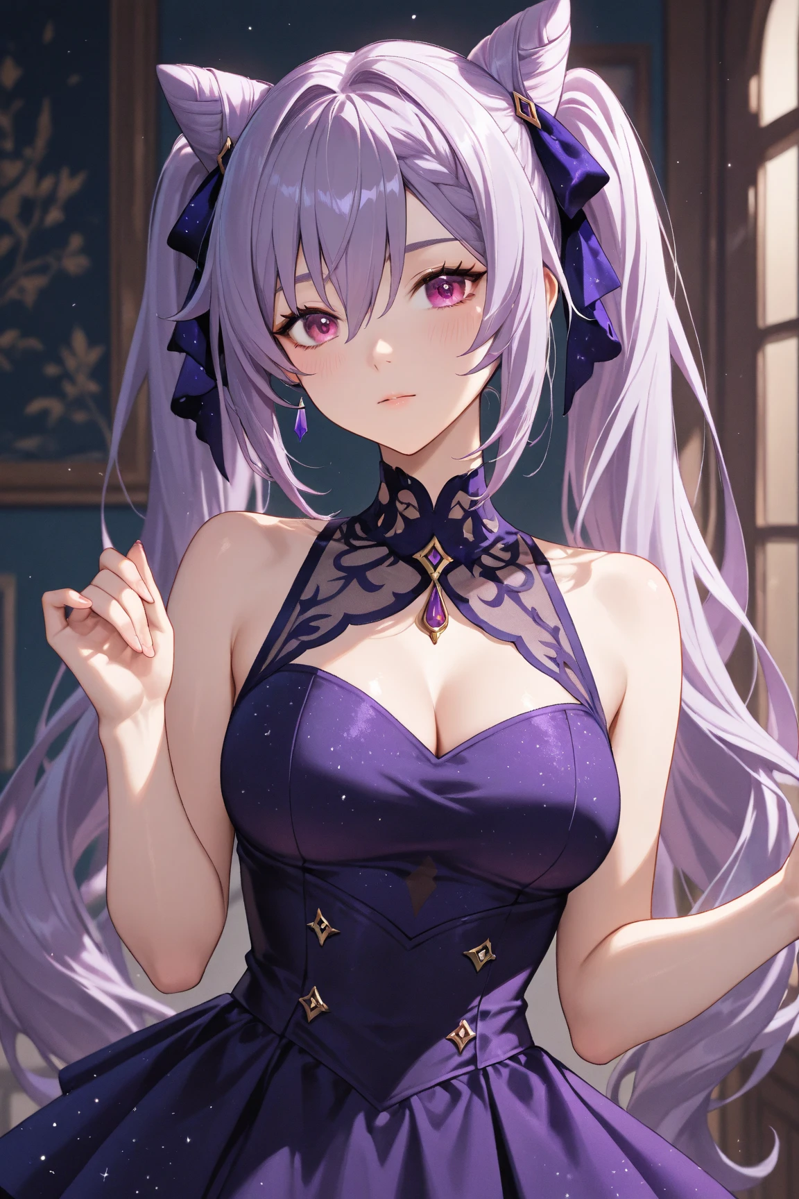 1girl, kirara \(blue archive\), black choker, black horns, blush, big breasts, choker, cleavage, collarbone, tiny suit, demon horns, double buns, earrings, fangs, fingernails, hair bun, horns, jewelry, large breasts, long fingernails, longhair, looking down at viewer, nail polish, open eyes, smirk, closed mouth, teasing look, purple hair, pink nails, red eyes, ring, smirk, solo, wet skin, looking down, (masterpiece), (best quality), (ultra-detailed), very aesthetic, illustration, perfect composition, moist skin, intricate details, mysterious, fantasy, Semi-Sheer Solid Floral Lace Bodysuit, Crisscross Teddy with Micro Elasticity, Contrast Lace Details, and Sexy Style, arms out, hands reaching, cigarette, hold cigarette, lite cigarette, s

