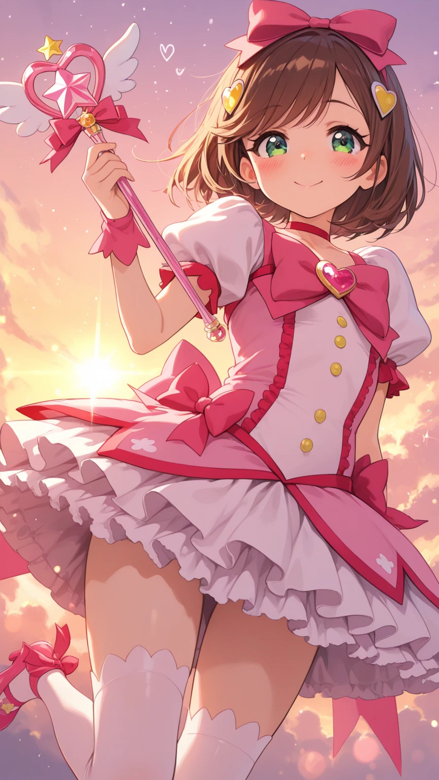 (((Rainbow Magical Girl Costume)))、(Panty shot)、Beautiful Magician、short brown hair、((whole body))、(((photo taken from below)))、The background is darkness