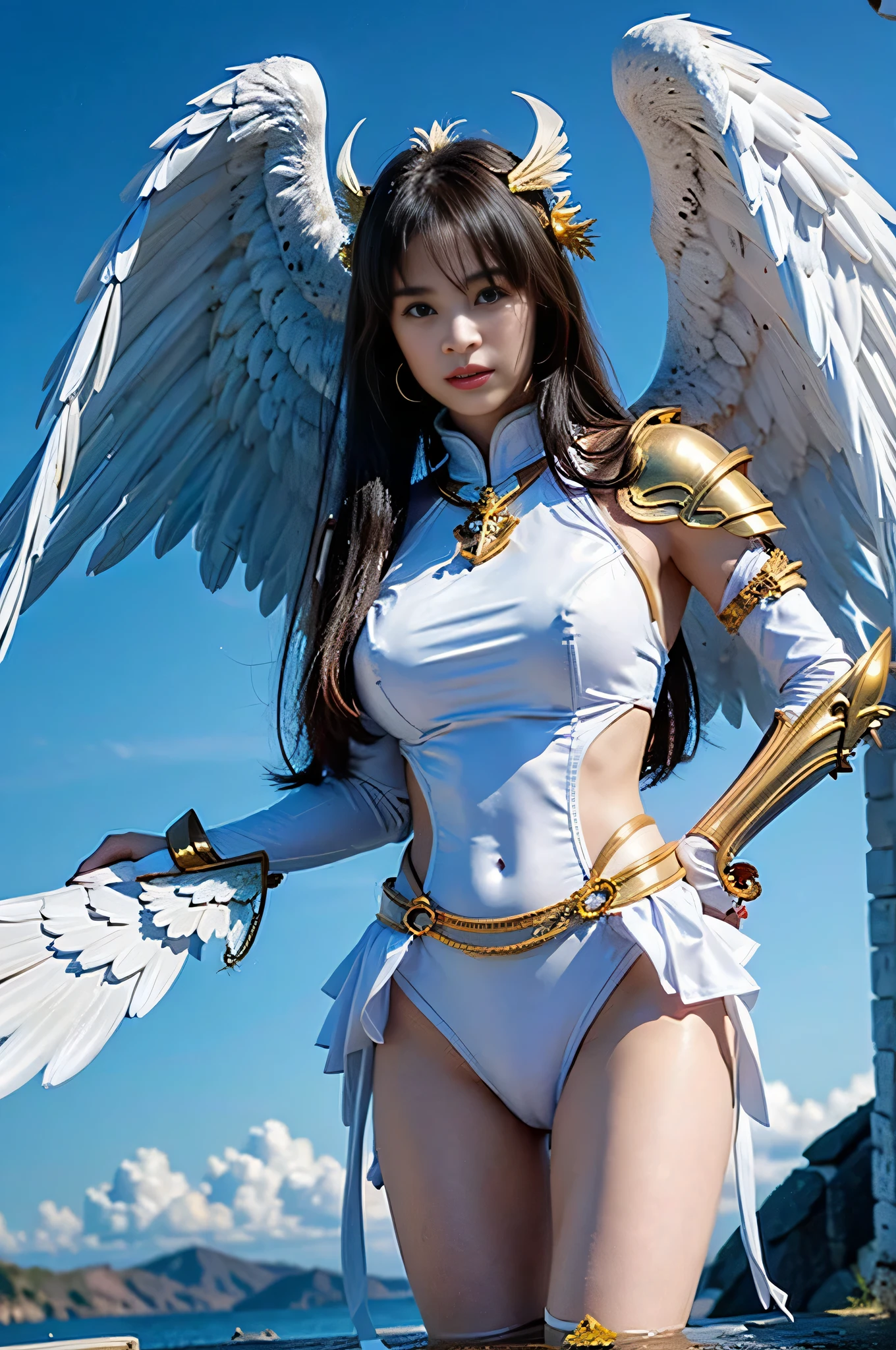 (masutepiece), Professional , masterpiece、top-quality、photos realistic , depth of fields (Gemstone White Metal Body:1.9),(Matte White、Jewel Gold Weapon(Jewel Metal Body:1.4),Gorgeous metal weapons ,(( Detailed and gorgeous sword of the brave)) , Beautiful knife ,warhammer 40k , adepta sororitas,Detail and ornate jewel crown、((Micro Bikini Armor))、((Gangle's forest background))、Beautiful Caucasian beauty、1a person、dynamic ungle,(((Detailed and ornate diamond crown)))、Smaller head、A smile、Background inside the castle、Thin and beautiful female hands、cleavage of the breast、Soldier in iron armor on background、Mystical expression、Light Effects、intense fighting、Wind-effect、magic circles、With the legendary magic wand、(wings of light)、Toostock、Toostock、