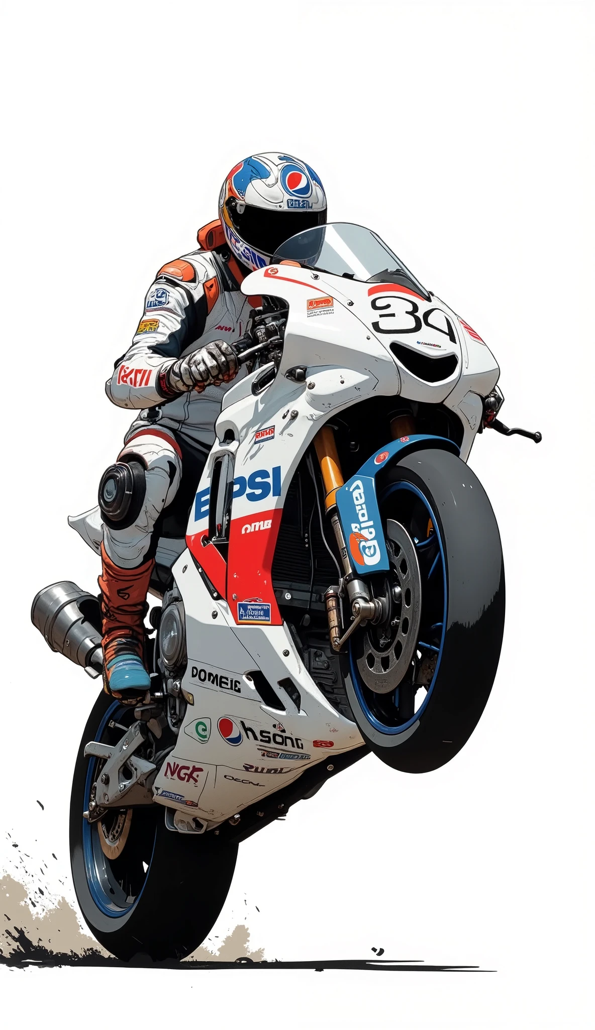 A dynamic image of a bike performing a wheelie、完全なレーシングギアを身に着けた ridersを紹介. sponsorship, helmet, 、features a bright white combination, emphasizes the racing lineage, suggests high speed and controllability, Blue, red, And black color. gloves are adorned with a bold Pepsi logo, and the, the number 34 is prominently displayed on the rear side panel and front plate {x} along with other sponsors such as Suzuki The Pepsi logo has also been branded, Michelin , and, showing NGK. emphasizes the bike's graphic design elements and technical components, ridersのゼッケンを表していると思われる. riders, prominent racing suit, Suggests high speed and controllability. The background is pure white, バイクと ridersにすべての焦点が集められている, captures the essence of speed, Competition, and energy on the racing field. aggressively positioned forward, introduces riders wearing perfect racing gear.