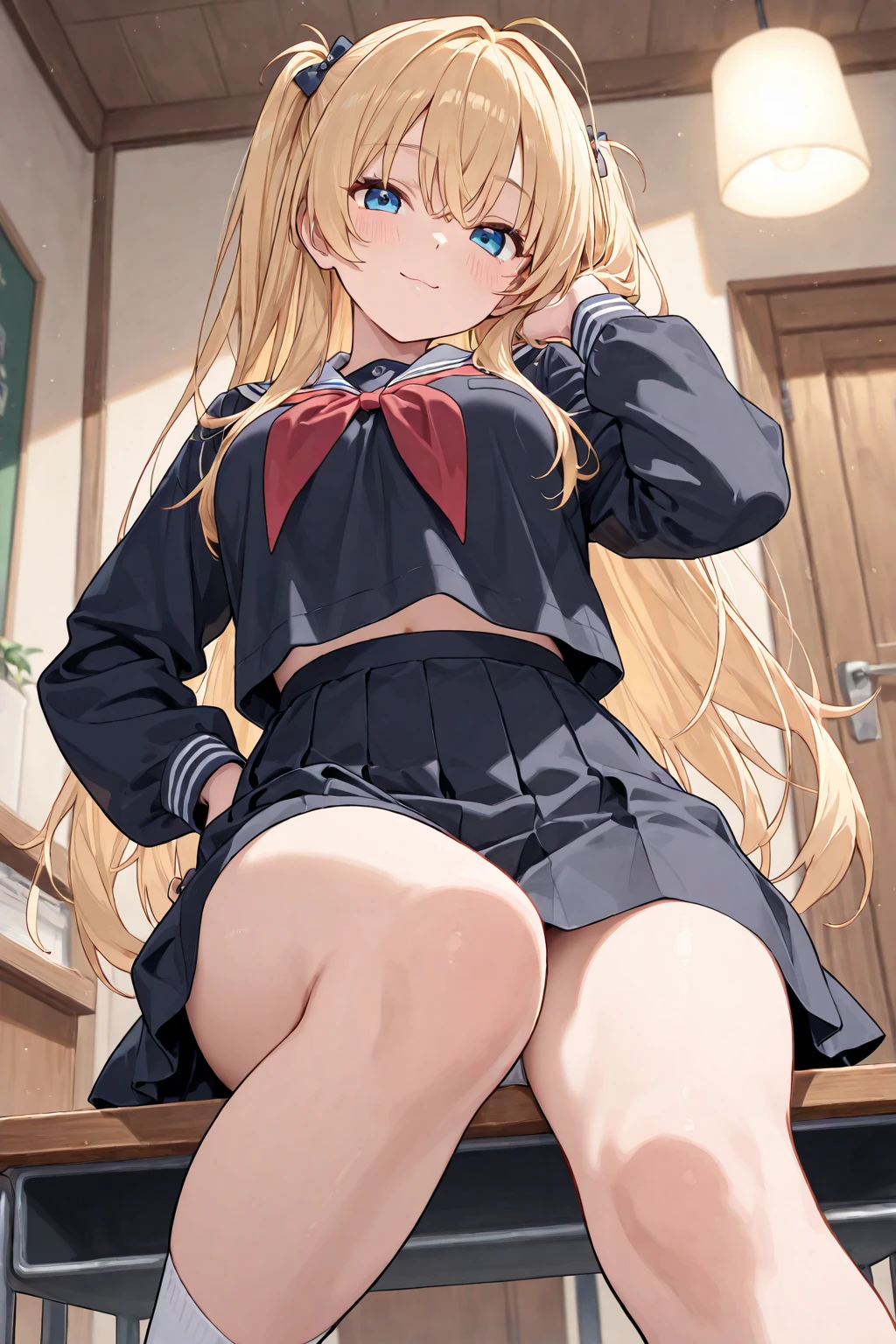 ((masterpiece, Highest quality, High resolution, 超High resolution, Pixel Perfect, Written boundary depth, 4K, RTTX 10.0, Human Development Report))), 1 girl, single, alone, beauty、View the whole body、((blue eyes, Beautiful eyelashes, Realistic eyes)), ((Detailed face, blush:1.2)), ((Smooth texture:0.75, Vibrant质感:0.65, Vibrant:1.1, Anime CG style)), ph_string, sawamura spencer string, One girl, Blonde, blue eyes, , Twin tails, alone, tooth, Long Hair, Open your mouth, Hair Ribbon, locker, Anime Coloring, Parody, Seraphim, blush, Upper Body, bangs, Sweater vest, Black Ribbon,Medium chest, mini skirt,Perfect body, ((black tights)), smile, attractive way to sit, (The wind blows my hair，Expose the chest、black tights) , It snows heavily at night、(((Showing panties:1.3)))、M-shaped legs:1.8、nswf