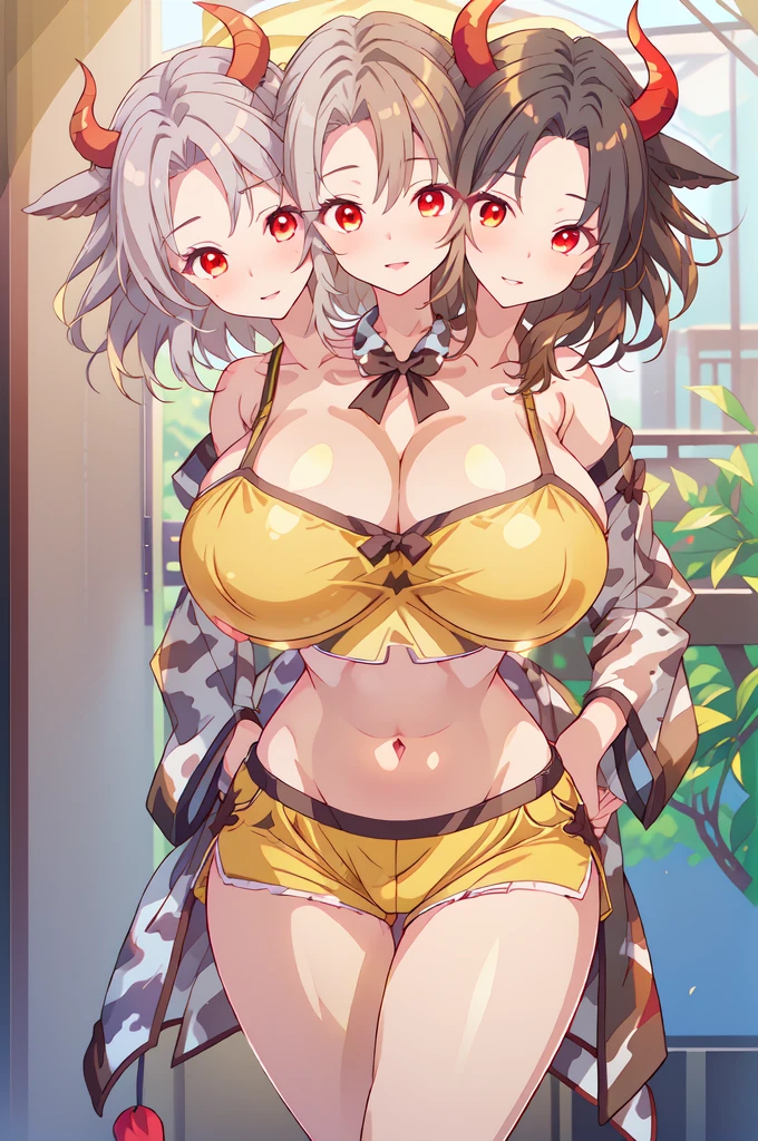(masterpiece, best quality),best quality, (ultra-detailed), ((3heads:1.5)), 1girl, (ushizaki urumi:1.3), masterpiece, best quality, ultra quality, ultra resolution, ultra detail, white top, crop top, ((stomach)), midriff, ((groin)), yellow skirt, normal ears, shackles, black hair, very long hair, wavy hair, sidelocks, red eyes, parted lips, sweat, cute, toned belly, hand on own chest, eyelashes, (24 year old woman:1.3), (masterpiece:1.5), (best quality:1.5), (beautiful detailed extremely detailed CG, extremely delicate and beautiful, depth of field, (finely detailed face), (perfect details:1.3), (mature female:1.3), wide pelvis, slender, large veiny breast, 16k resolution, highres, very high quality, very high definition, extremely detailed, masterpiece, black hair, long hair, alluring presence, braid, short skirt, close up, very big tits, huge breasts, young, star hair ornament, yellow ribbon, side ponytail, cabbie hat, hair ornament, two-tone hair, split-color hair, japanese clothes, horns, cow girl, cow horns on each head,
