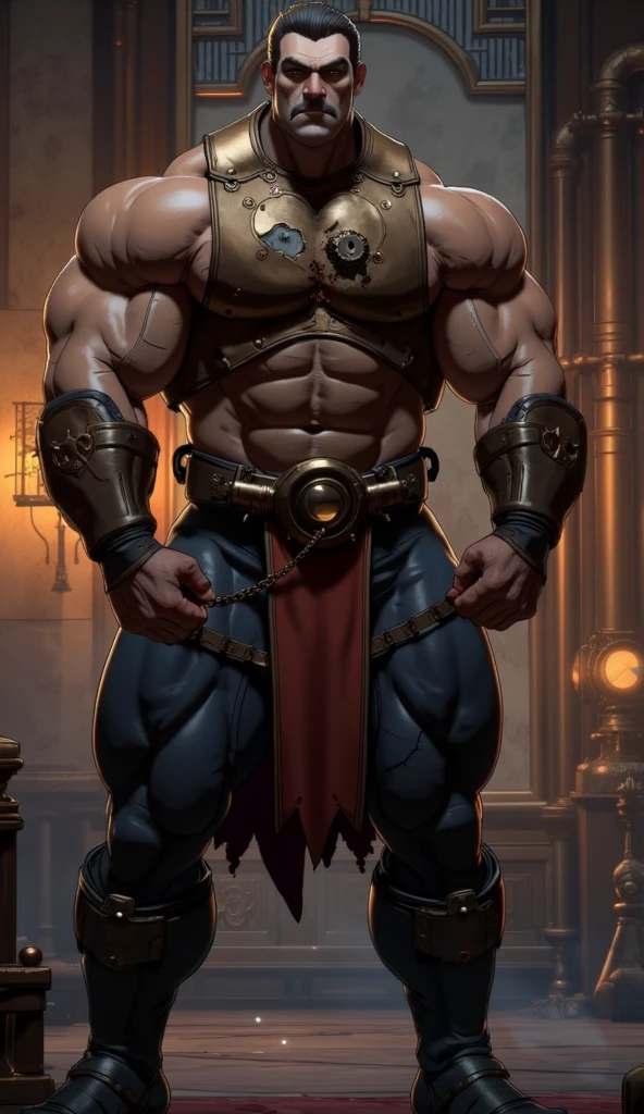 burly virile hairy elf, in a suit of armor, a himbo muscle daddy, middle-aged dilf, hirsute, overmuscular and musclebound, bulging veiny muscles, a warrior's build, a bodybuilder's physique, long bushy and a thick mustache, a square jaw, handsome and dreamy, rugged and manly, grey hair, a gladiator in the arena