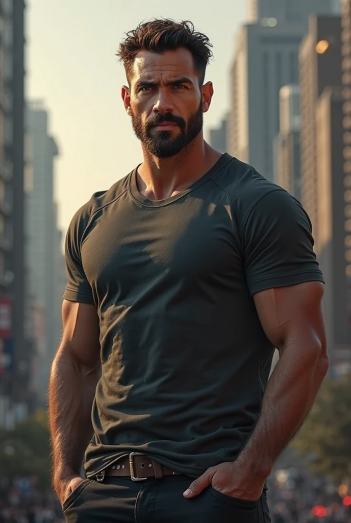 A man with a clean shave, brawny, wearing tank top, seen from side.