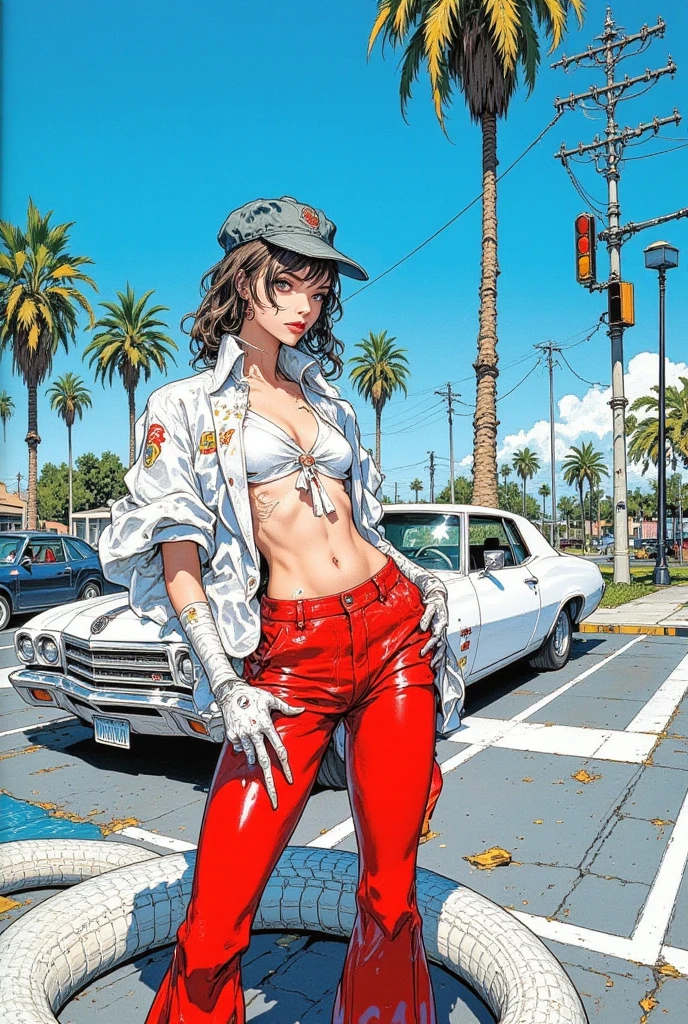 (vintage),(Retro),(Cartel), coca cola advertising with perfect girl, clothing oversized blue jeans and white t-shirt with open waist(sexy), military environment, Masterpiece, Firearms 