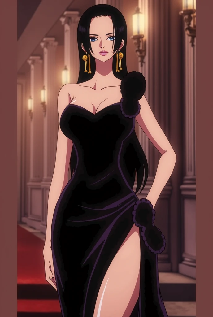 1girl, smile, Long Straight Hair, girl, nico robin, one piece, slit navy dress without print, Big Breasts, f/16, 85mm, masterpiece, anatomically correct, super detail, high detail, high quality, best quality, highest, 4K