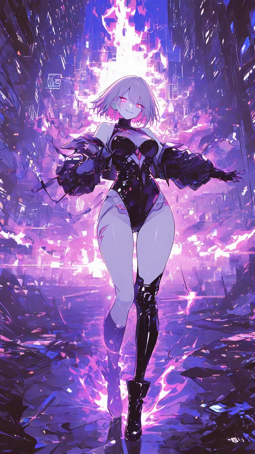 elegant girl, sitting in a badass pose, (((there is smoke around her, purple and black smoke, in a circle))), short bob hair, white hair, fireflies and cherry blossoms, (((small breasts, big ass, thick muscle thigh))), low light gradient, {extremely detailed 16k CG unit wallpaper}, expansive landscape photography, (a low view with focus on the scenery), (wide view of open field), ( low angle photo), (high light: 1.2), (low light: 1.2), (warm light source: 1.2), complex details, (iridescent colors: 1.5), (bright lighting), (atmospheric lighting), Dreamy , single,
