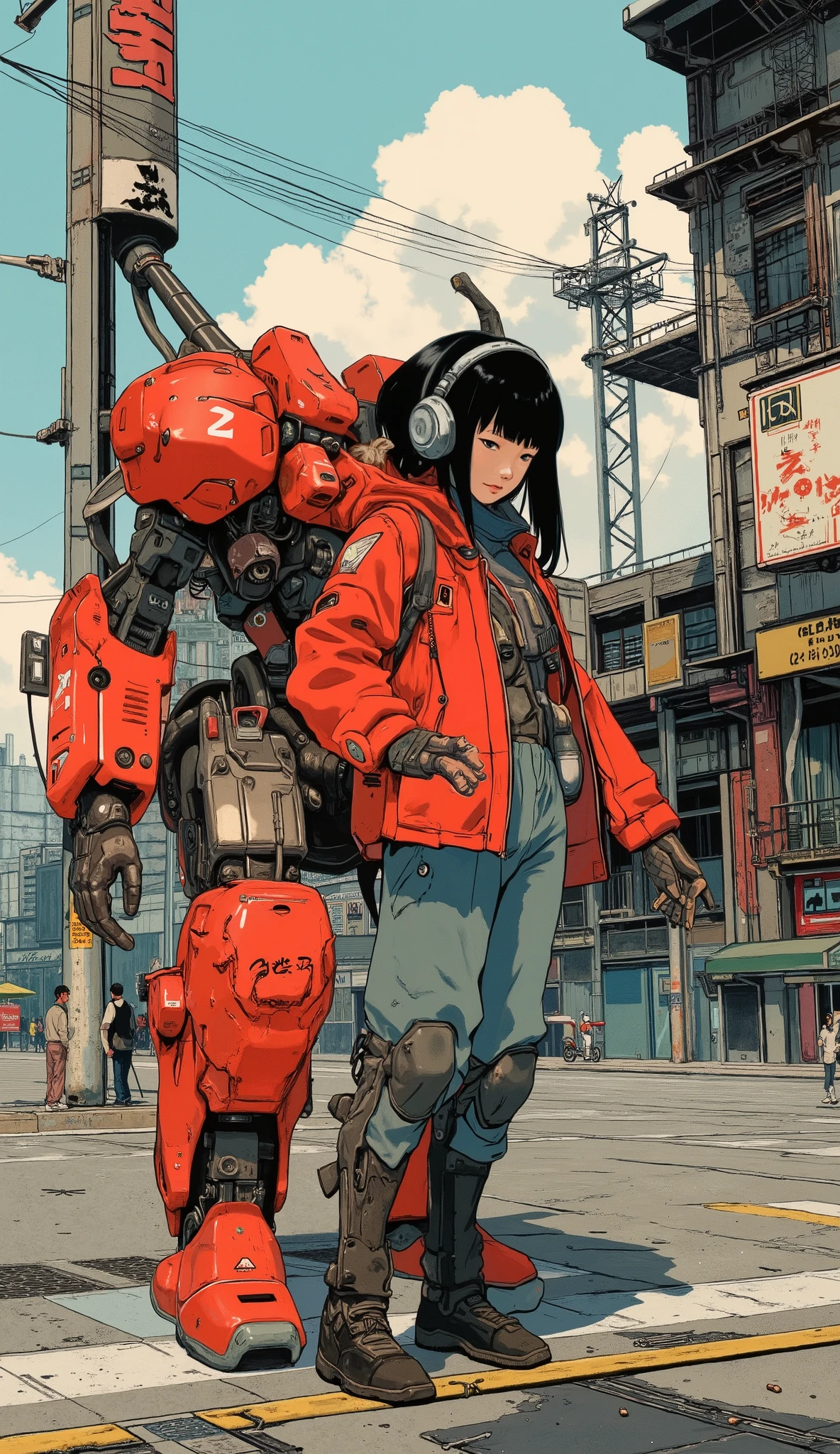anime girl in red jacket standing next to a red Skateboard, The aesthetic of anime mecha, Fighter drones, Girl with ship parts, Pilot Girl, Skateboard, Macross's style, Akira art style, 第5世代Skateboard, cute Pilot Girl, Akira Vibe, Akira's Japanese Art , ジェットSkateboard, future anime girl , valkyrie Skateboard, Akira Style