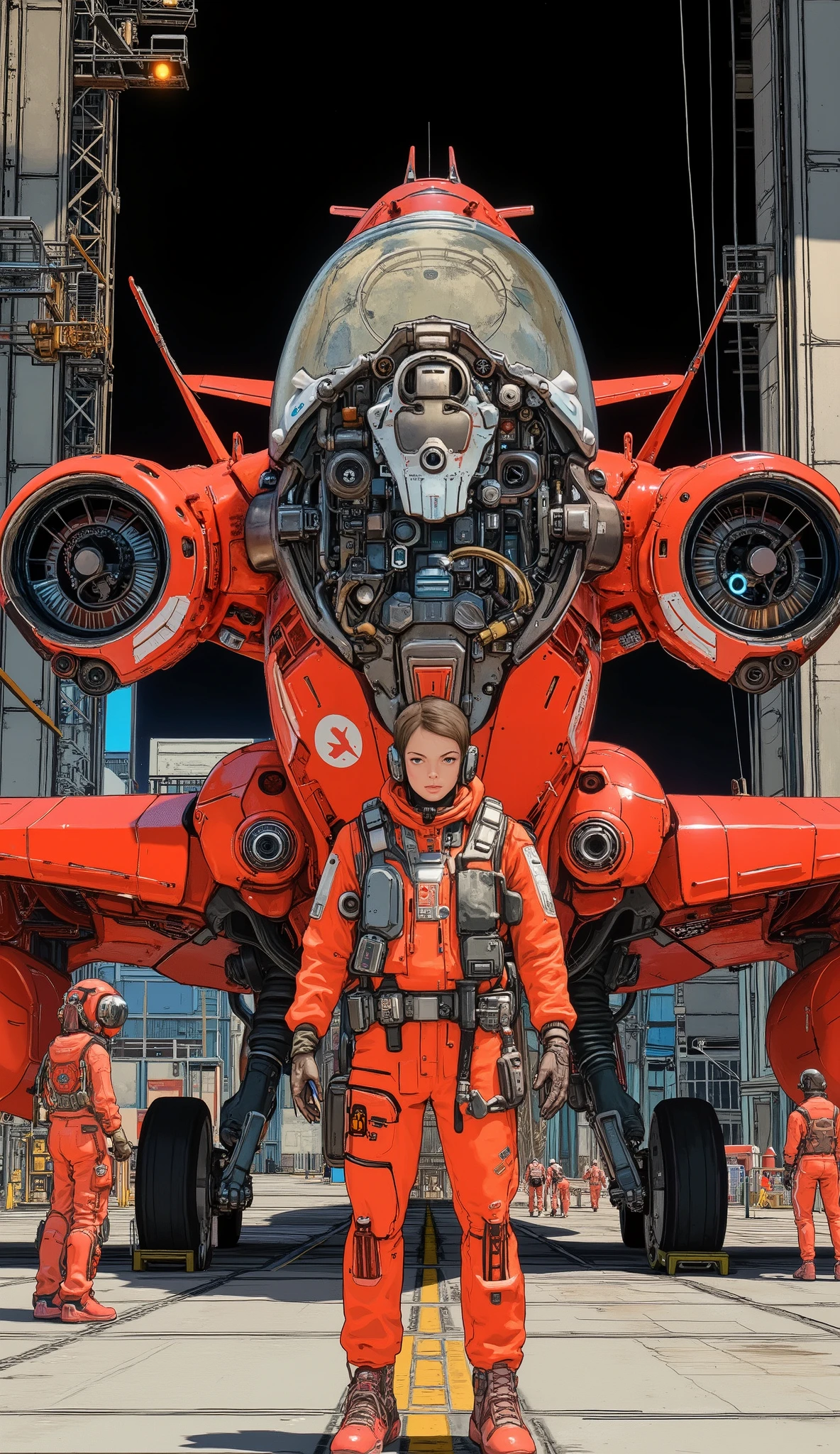 Impressive, futuristic scenes centered around bright red aircraft, teeth、sleek twin engines and bold, reminds me of a world of exploration full of aviation wonders and adventures. 航空機の表面にteethさまざまなデカール, logo, 。matching red gear、あるいteethハイテク革新を示す詳細なコントロールとスクリーンでいっぱいの複雑なコックピットを公開している架空の組織. canopy opens in front of the aircraft, exposing a complex cockpit filled with detailed controls and screens indicative of high-tech innovation. 航空機の前にteeth、standing in matching pants and sneakers,  。stylish motifs, and brightly designed characters in matching pants and sneakers. at night, 。An angular design that combines modern jet aesthetics with a sci-fi twist。: Cylindrical Containers, おそらく燃料またteeth潤滑ドラム, The complete set of equipment essential for maintenance and supply is neatly arranged. It features 。全体的な雰囲気teethダイナミックで活気に満ちています, The overall atmosphere is dynamic and vibrant.
