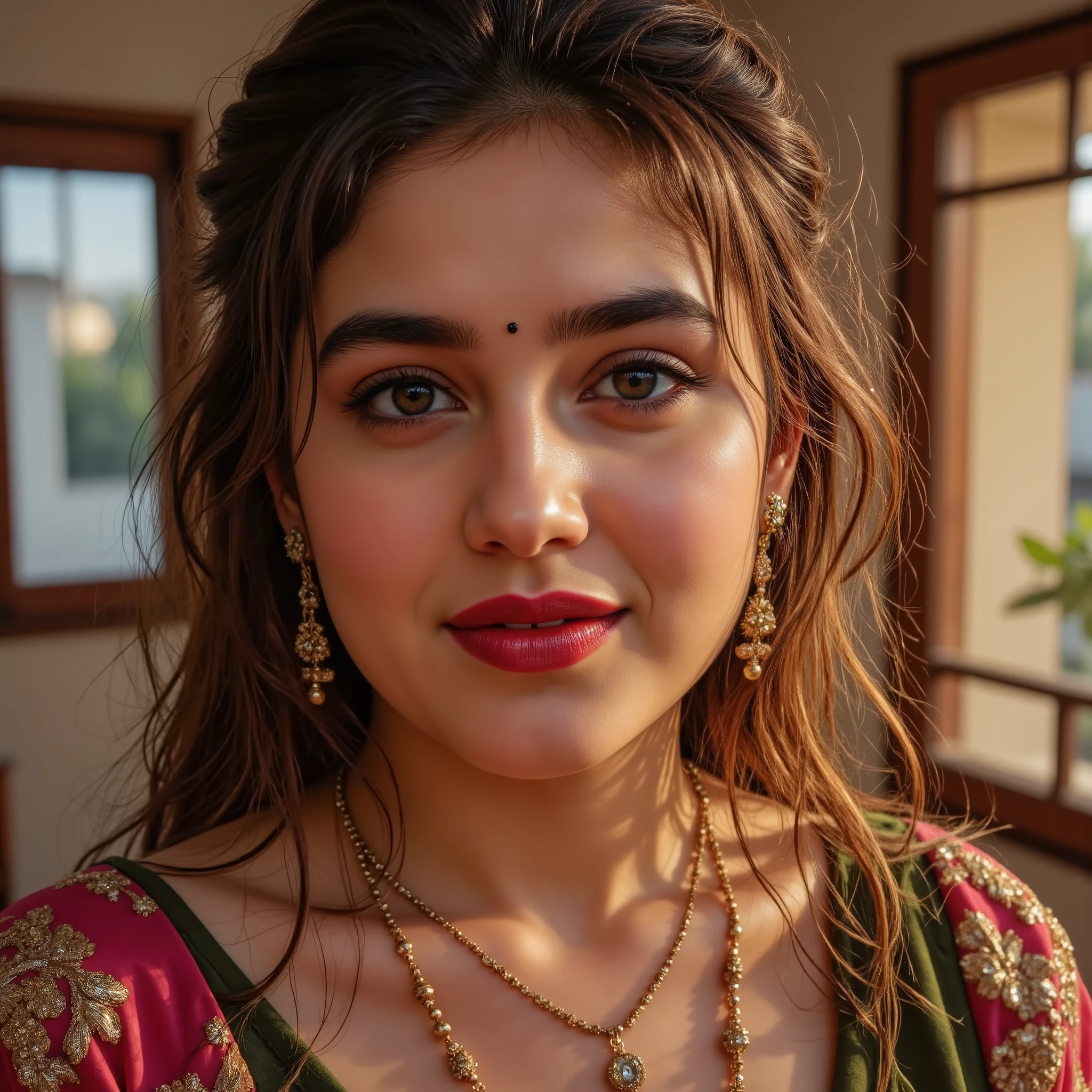 A North Indian-European Curvy MILF Bhabhi aged 38. She has the delicate, beautiful Square facial structure of an Indian Women with the pale white fair skin tone. half-updo with loose waves hairstyle. A Long round point, symmetrical nose, placed perfectly at the center of her erotic face. Heavy Eye makeup with Dark Eyeshade. She has large almond shaped double lid large eyes, with mesmerizing Strong Black irises, also creasing near the eyes, accentuated with signature dark long winged pin-up eyeliner, dark eye mascara, long eyelashes and dark circles near her eyes for a uniquely memorable charm. Black Bindi between her eyebrows, adding traditional allure. Her lips are Thick Fuller with a pronounced Cupid’s bow, always coated in a Liquid Glossy Cherry lipstick, making her Duchenne smile striking and attention-grabbing. She has a sharp jawline, a softly receding butt chin, a thin neck, and defined sharp collarbones.
((ultra enormous gigantic saggy breasts:1.4)). (((Long Saggy Boobs))). (Huge Saggy Tits). (Large Saggy Breast). ((Saggy Breast)).
Wearing Tight Dark Raspberry Saree sequins and embroidery along the border, deep round neck design pattern green blouse, (Black Bindi On Forehead). Cherry Glossy Lipstick. Dark Eyeshade, Dark Eyeliner. Heavy Makeup. Gold Jewelry, Multi Layered Necklace, Choker Necklace. Duchenne Full Smile. Side facing Standing, face toward camera. Golden Sunlight. ((Portrait Photo:1.2)). (Wide angle Photo:1.4).
(Captured in indoor Indian Bedroom). (Golden Sunlight coming on her body from window).
Ultra-detailed, photorealistic, 8K resolution. 85mm lens. High Quality Texture. (Detailed Face Features). (Sharp Focus on Face). (extra refined face). (ultra refined face and skin quality).