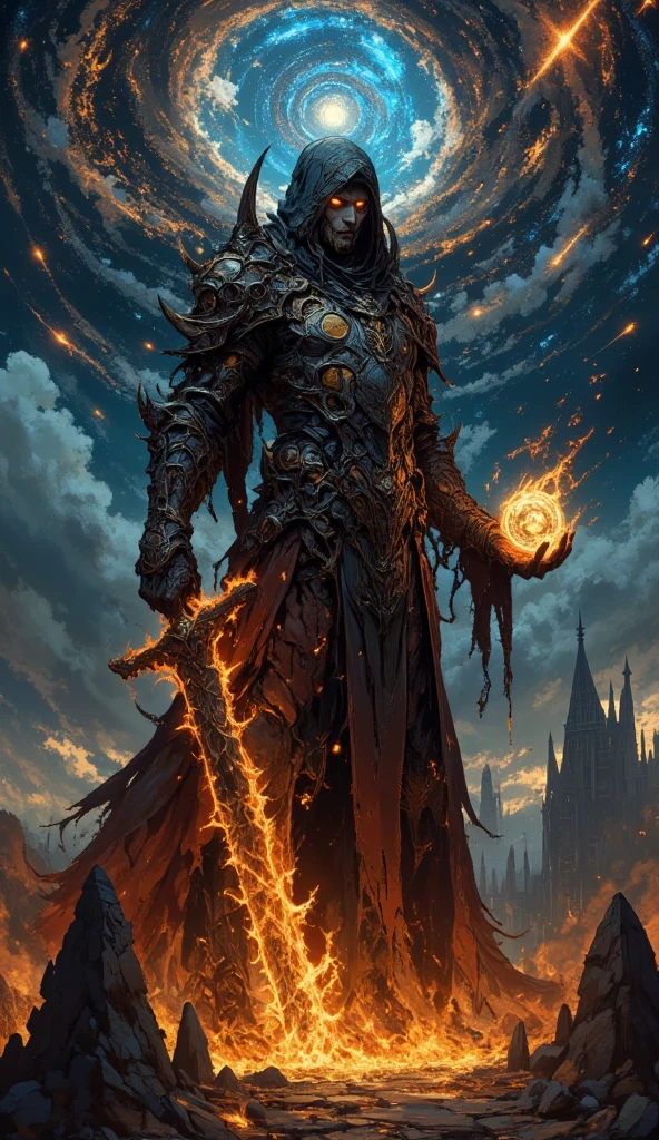 Crazy brown crazy male dark elf with glowing yellow eyes With black wavy hair With black armor With yellow burns and flames all over his body