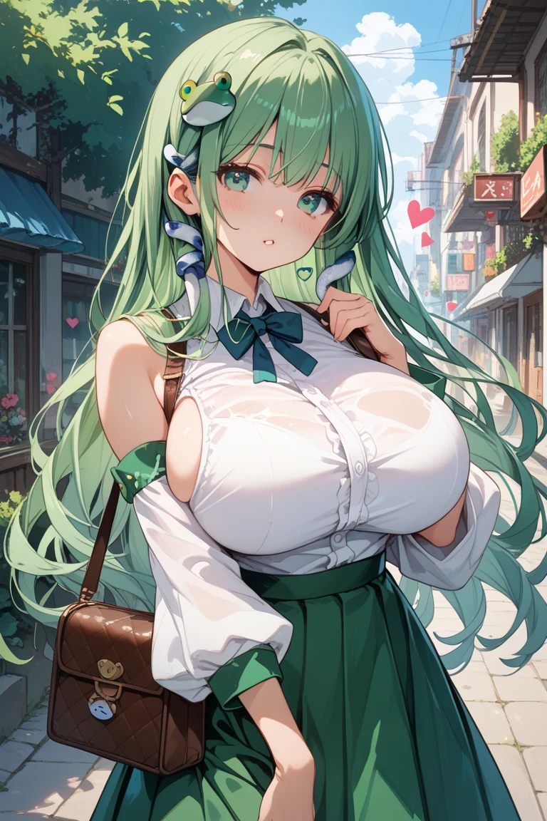 Mitsuri (Demon Slayer), long hair, bangs, pink hair, hair between eyes, (green eyes:1.5), ponytail, multicolored hair, Scrunchie, High ponytail, Lipstick, gal, Kogal, compensate,break skirt, shirt, jewelry, , clavicle, white shirt, pleated skirt, collared shirt, mini skirt, bracelet, green skirt,naughty big breasts、big and full breasts、break looking at viewer, whole body,break (table top:1.2), highest quality, High resolution, unity 8k wallpaper, (figure:0.8), (beautiful and fine eyes:1.6), highly detailed face, perfect lighting, Highly detailed CG, (perfect hands, perfect anatomy),smile with open mouth、(skirt lift:1.3), (panties:1.3)、(skirt that rolls up:1.3)、(fully exposed panties:1.5)、outdoor、outside the house、Arms crossed in front of you,hanging a bag from one's shoulder