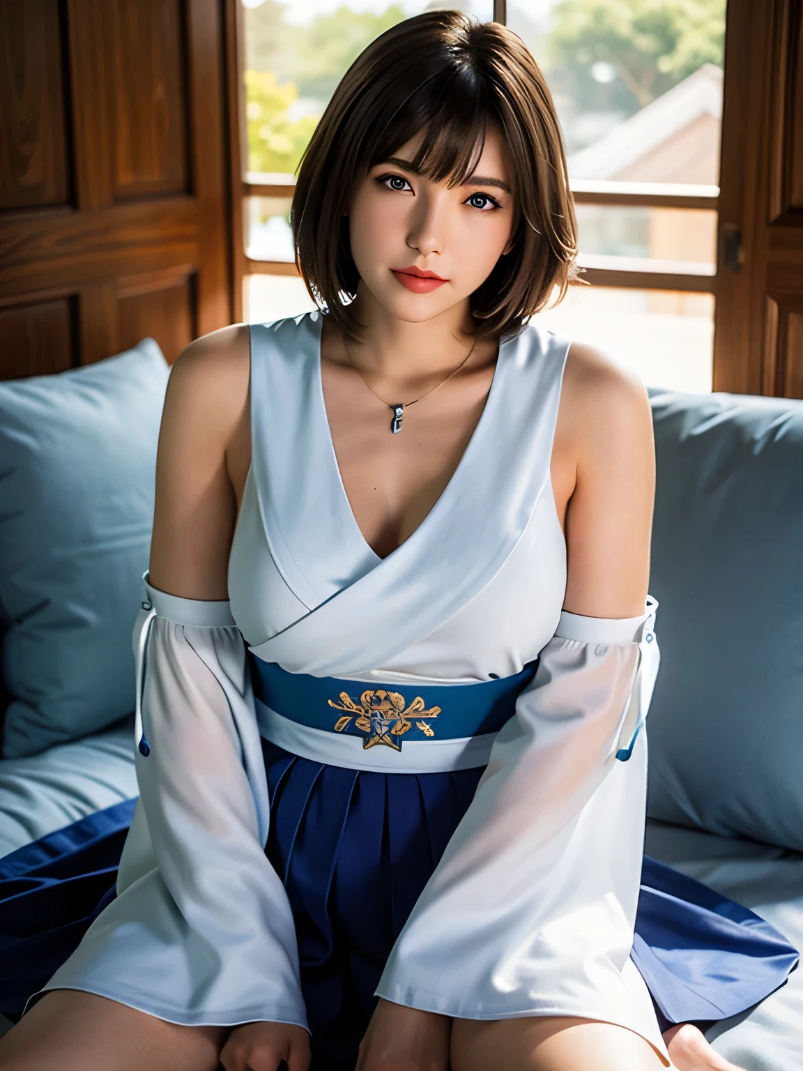 kasumi, eyes browns, (best qualityer, ultra detail), (realisitic:1.37), beautiful and detailed face, ultra-realisitic texture, Exquisite face, Delicate body, red lipgloss stick, shiny colors. High definition, 8k, expression a slight cute smile