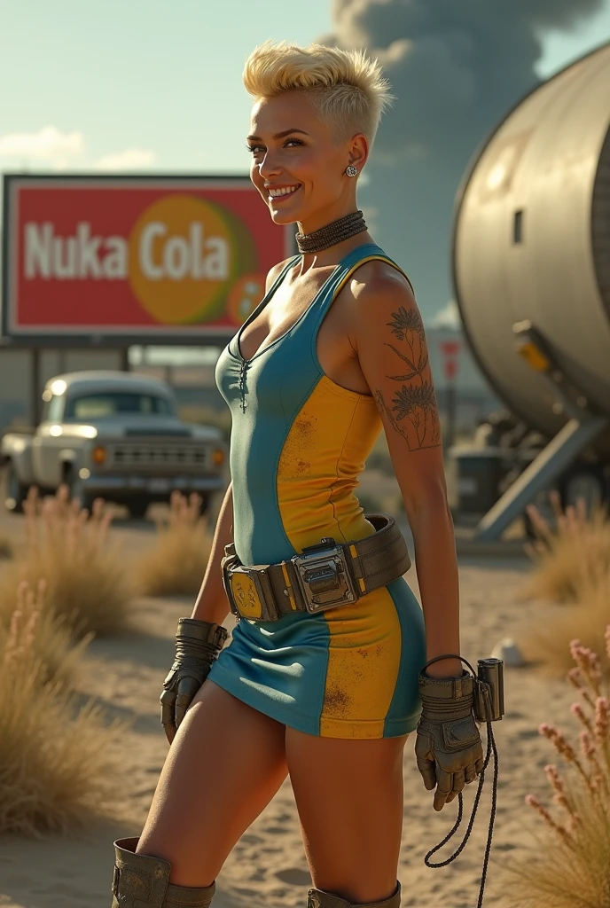A sexy female character from fallout videogame, with classic dark blue and yellow Vault fallout uniform body  suit, into classica Coca-Cola pin upo style of 1950, with wasteland background 