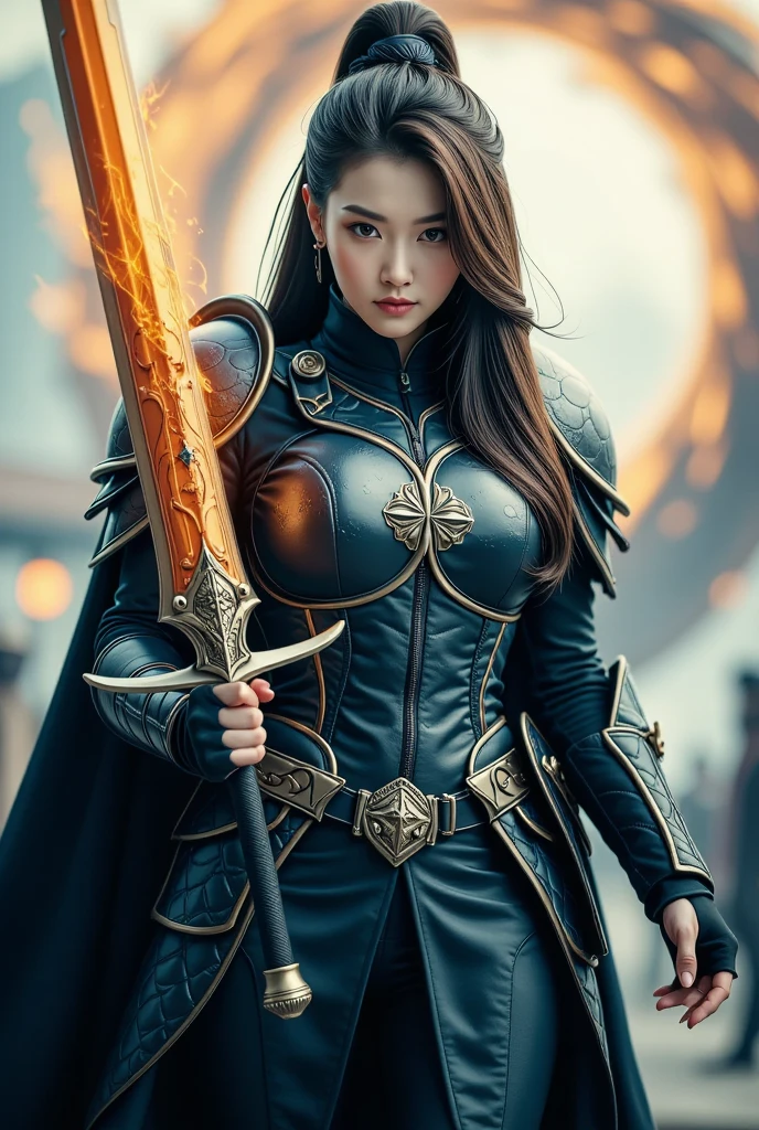 Evil female monsters appearing in special effects heroes, too beautiful, special weapons, realistic depiction, ultra-high resolution, fantasy world, full-face mask