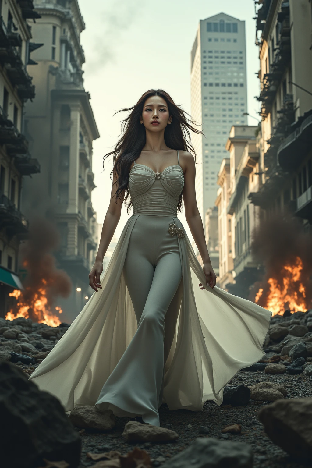 (full body:1.4), photo of a 24YO beautiful South America girl, (solo focus:1.4), (look at viewer), blunt bangs,
(huge breast:1.26), (thin-waist), (thick thighs:1.25),
(strong wind:1.4), (long dress, dressart:1.4), (wedge_heels), (scattered broken pieces of glass:1.4),
in dream, (skyscraper down there:1.4), sky, (floating:1.4),
(falling:1.4), (glass,broken) <lora:dressart_SDLife_Chiasedamme_v1.0:0.6>