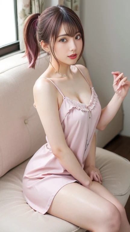 A beautiful woman,Pink hair,The reveal panties,Transparent camisole,short transparent dress,Barefoot, sit on a bed