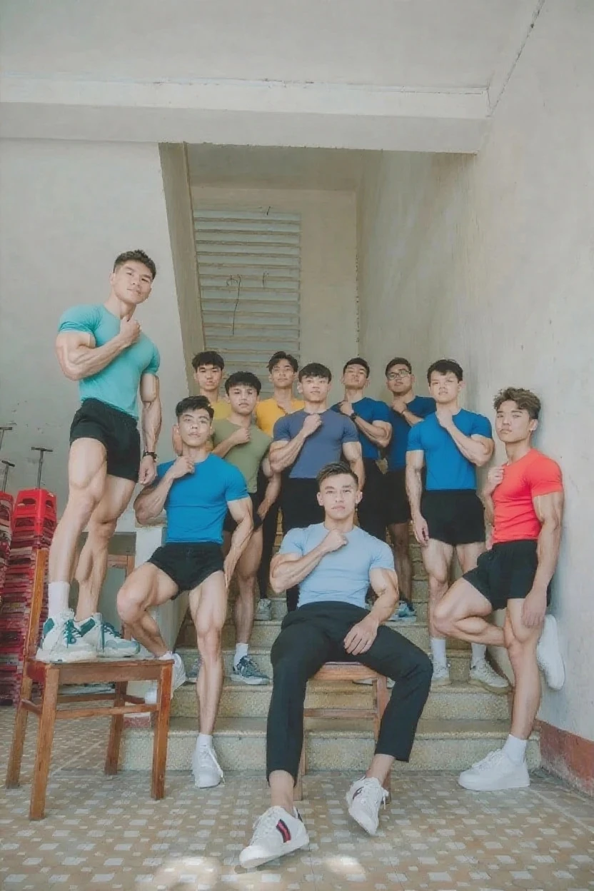 An image of a short guy next to a skinny blonde and a shirtless chubby guy going to the gym
