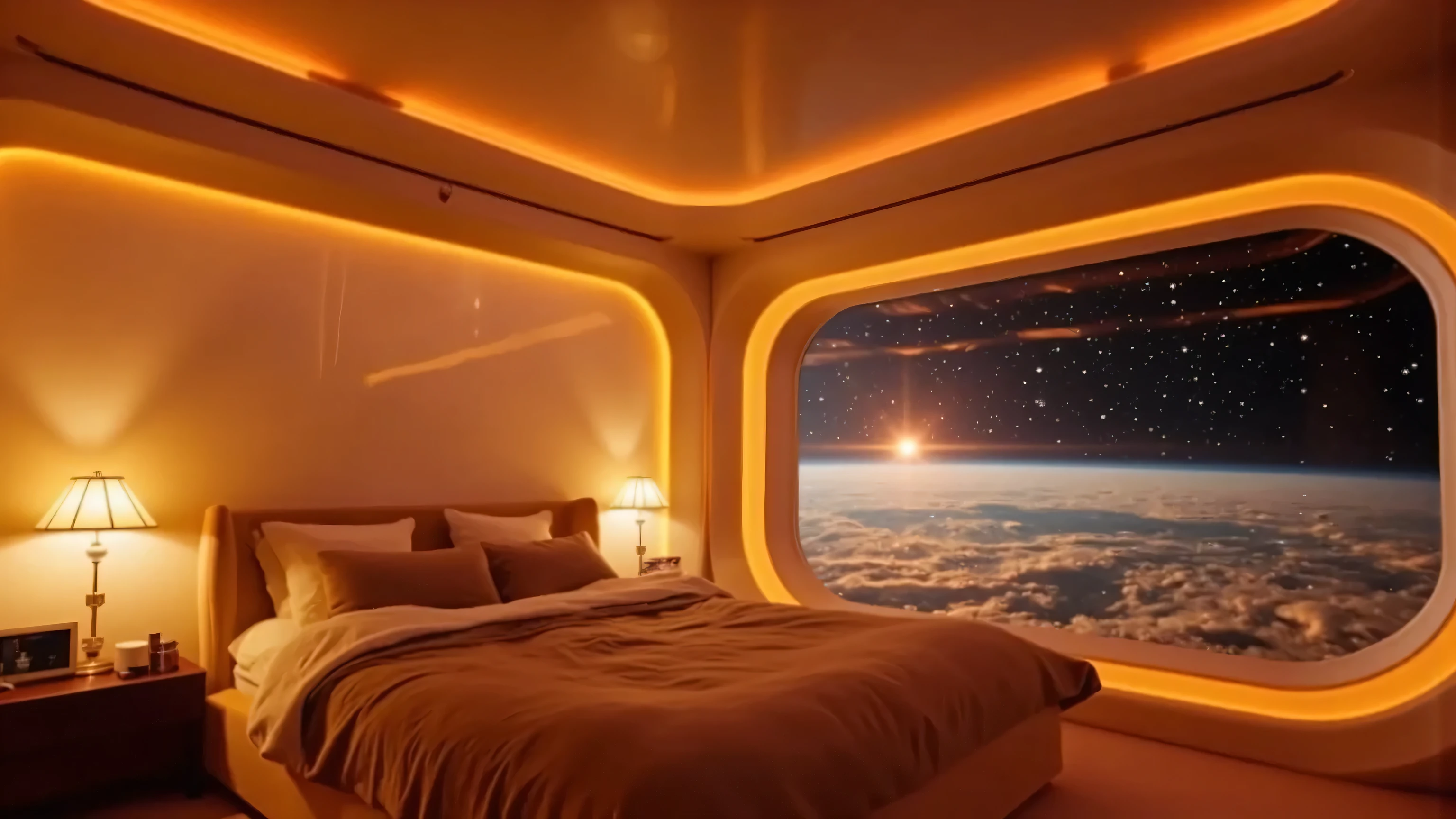 nebula,Scifi_Interior_Space,A cozy futuristic bedroom on a spaceship, with warm ambient lighting in orange and amber tones. A large, soft bed with fluffy pillows and a thick blanket is centered in the room. Next to the bed is a small nightstand with a cup and a book. Behind the bed, glowing wall lamps add to the warm atmosphere. The room features a giant panoramic window from floor to ceiling, showing a breathtaking space view: a nearby planet, soft cloud layers, distant stars, and the Milky Way galaxy. Peaceful, serene, cinematic, ultra-detailed, 16:9, soft shadows, realistic textures, ambient occlusion, sci-fi interior, warm and calm mood.