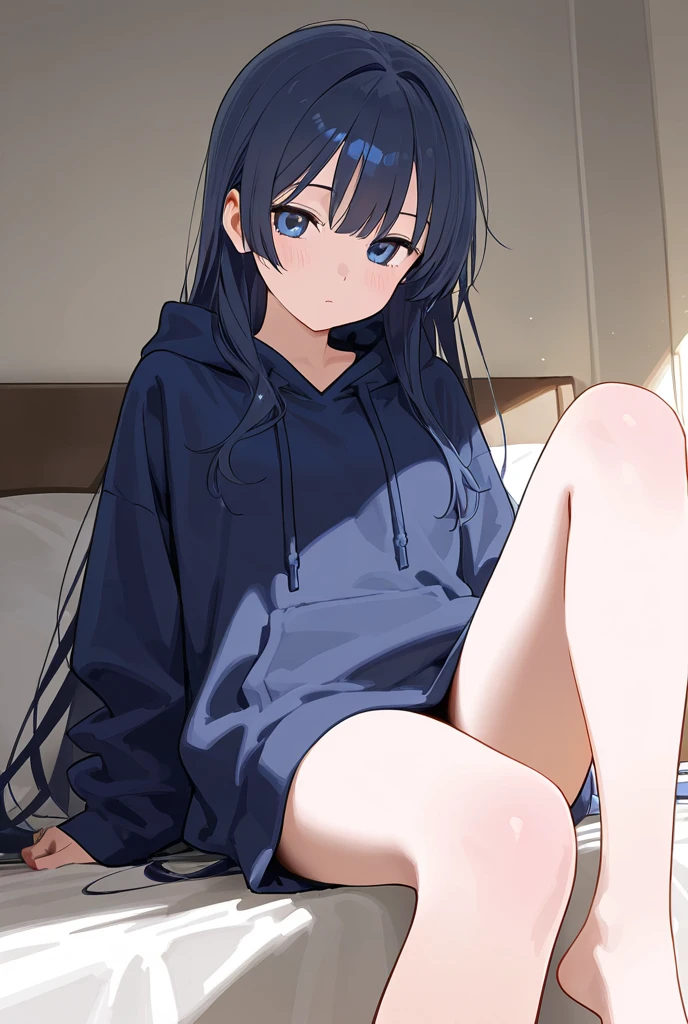 ((best quality)), ((masterpiece)), (detailed), (((perfect face))), (((slender 18yo teenage girl))), (((wearing light blue hoodie zipped))), (((skinny thighs))), (((skinny hips))), (((dark blue pleated skirt))), ((brunette)), (((ponytail))), ((shy:1.3)), ((blushing:1.5)), ((sitting on bed)), ((suburban teenage bedroom)), ((sun through window)), (((legs together))), ((girl looking away)), (((skinny legs)))
